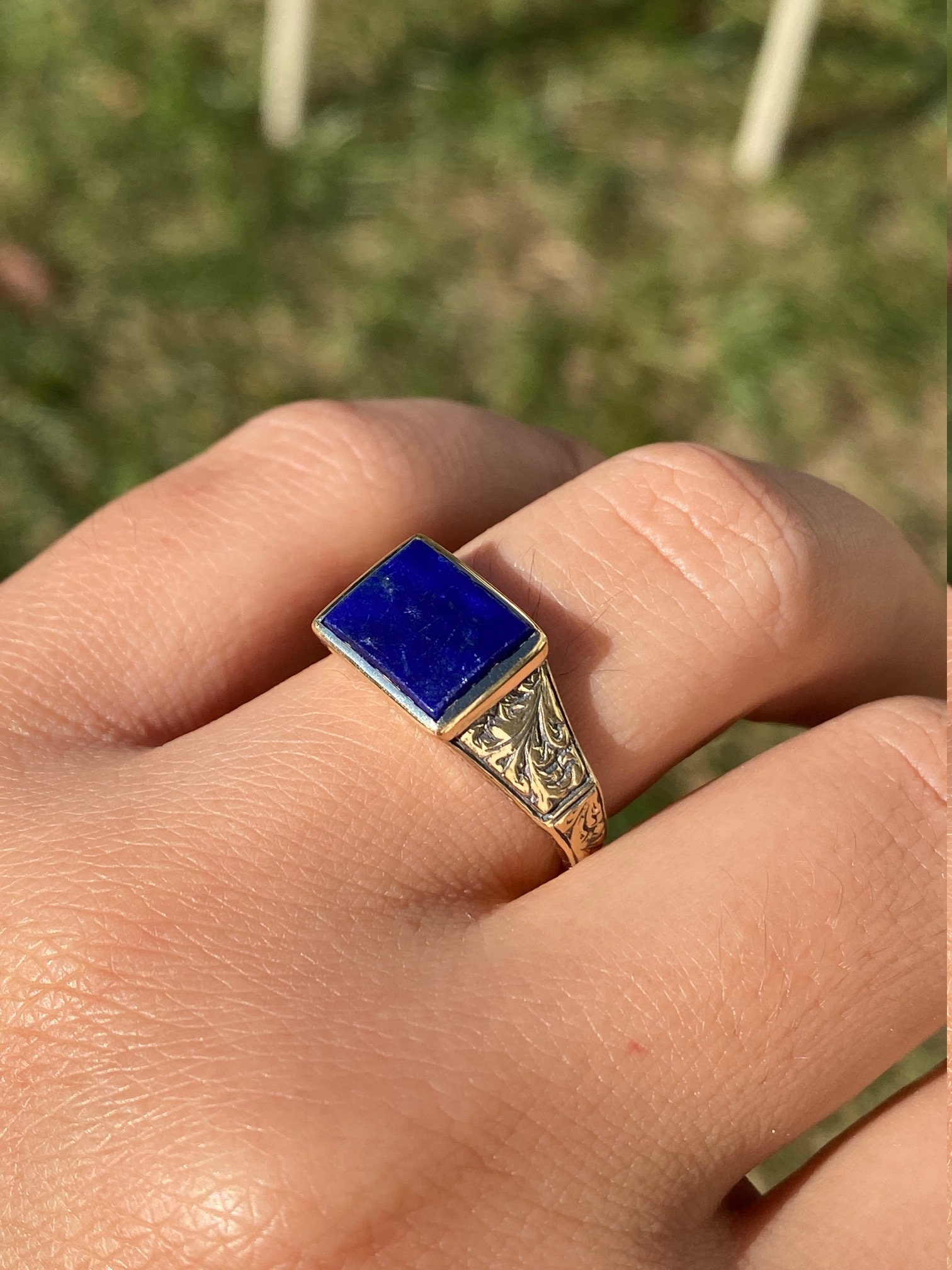 SOLD - The Marlette: Antique Signed14K Hand Engraved Cocktail Ring set with Lapis - Image 10