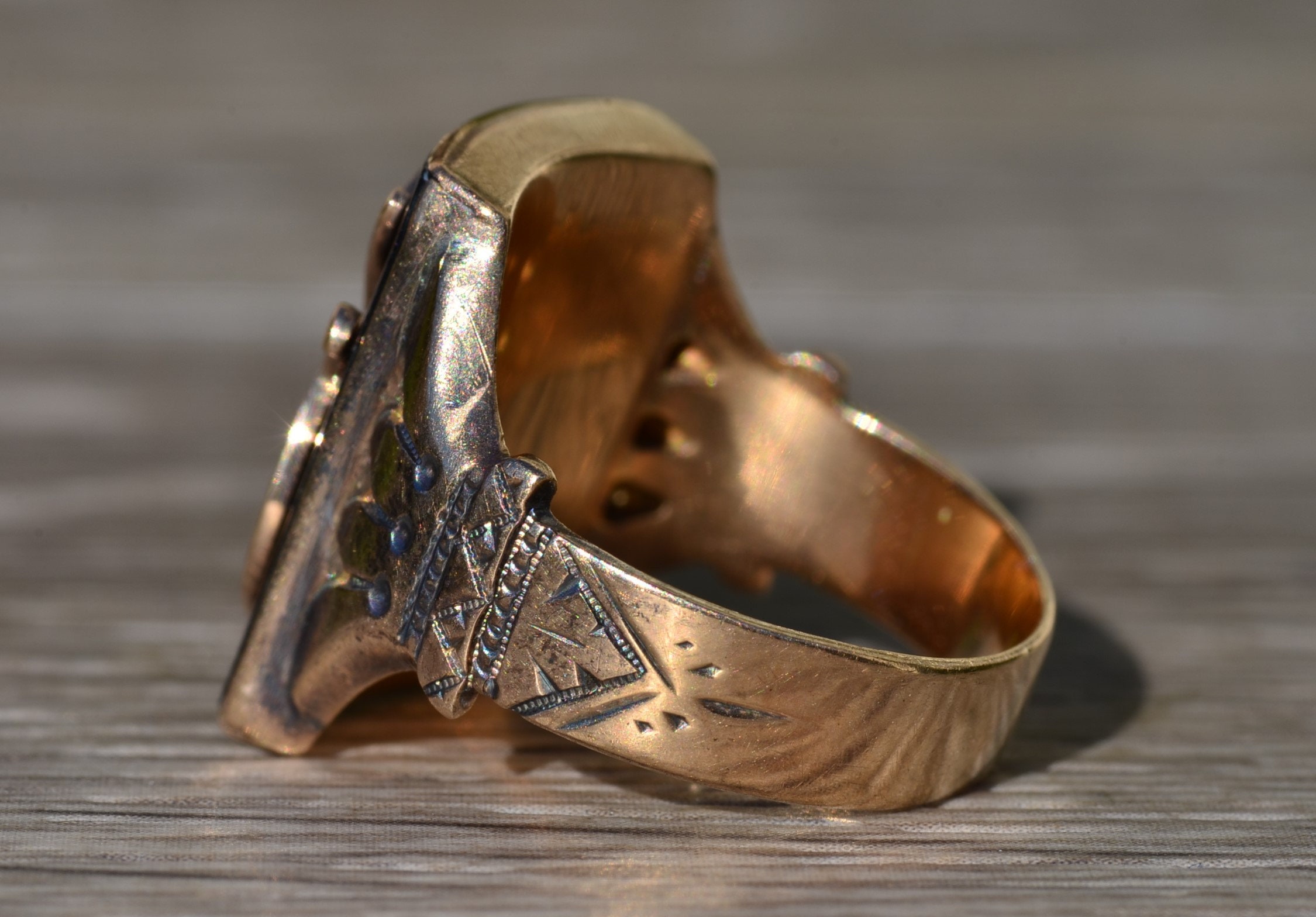 SOLD - The Onaway: Men's Engraved Yellow Gold Cocktail Ring set with Custom Cut Onyx - Image 4