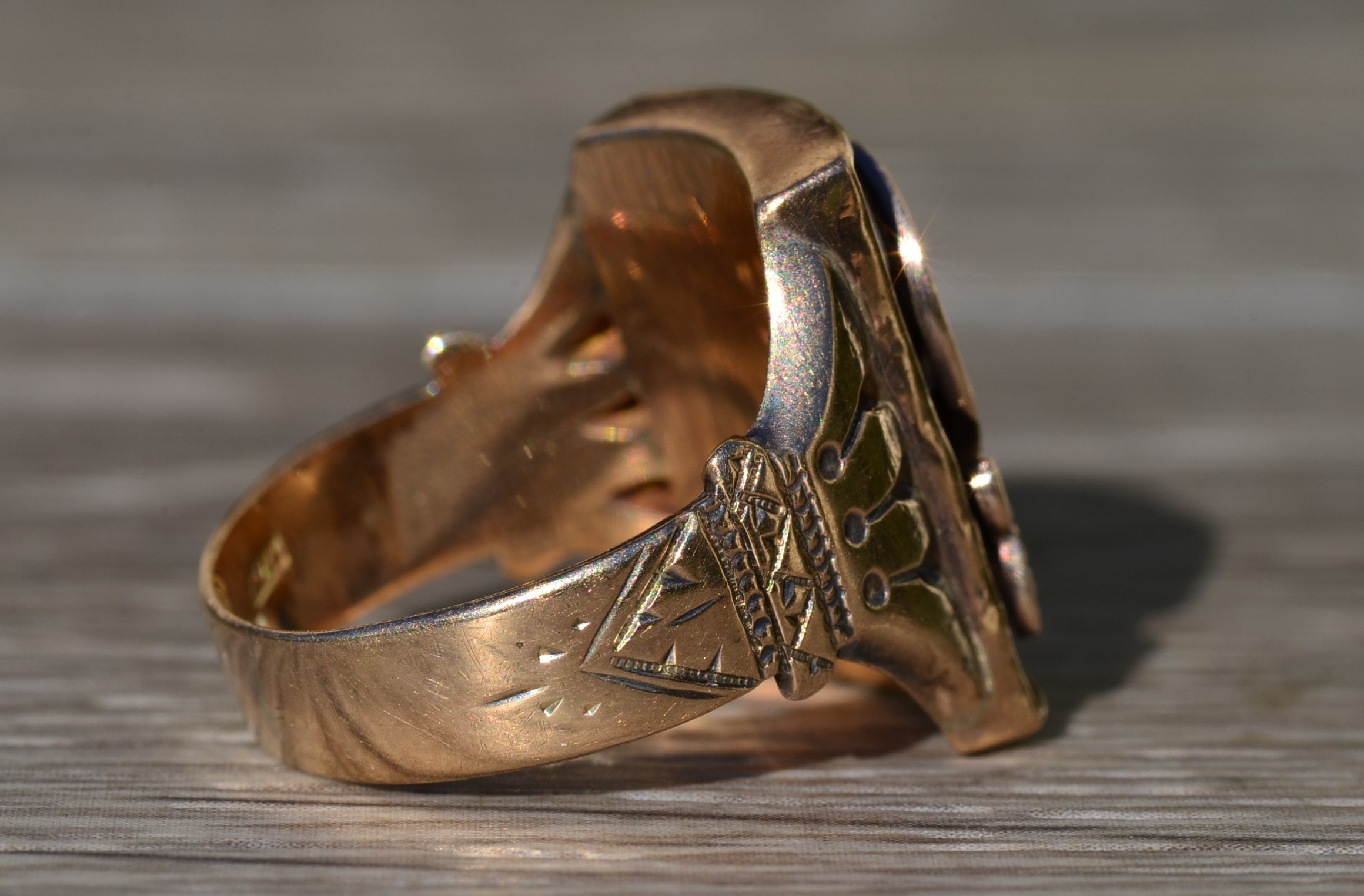 SOLD - The Onaway: Men's Engraved Yellow Gold Cocktail Ring set with Custom Cut Onyx - Image 5