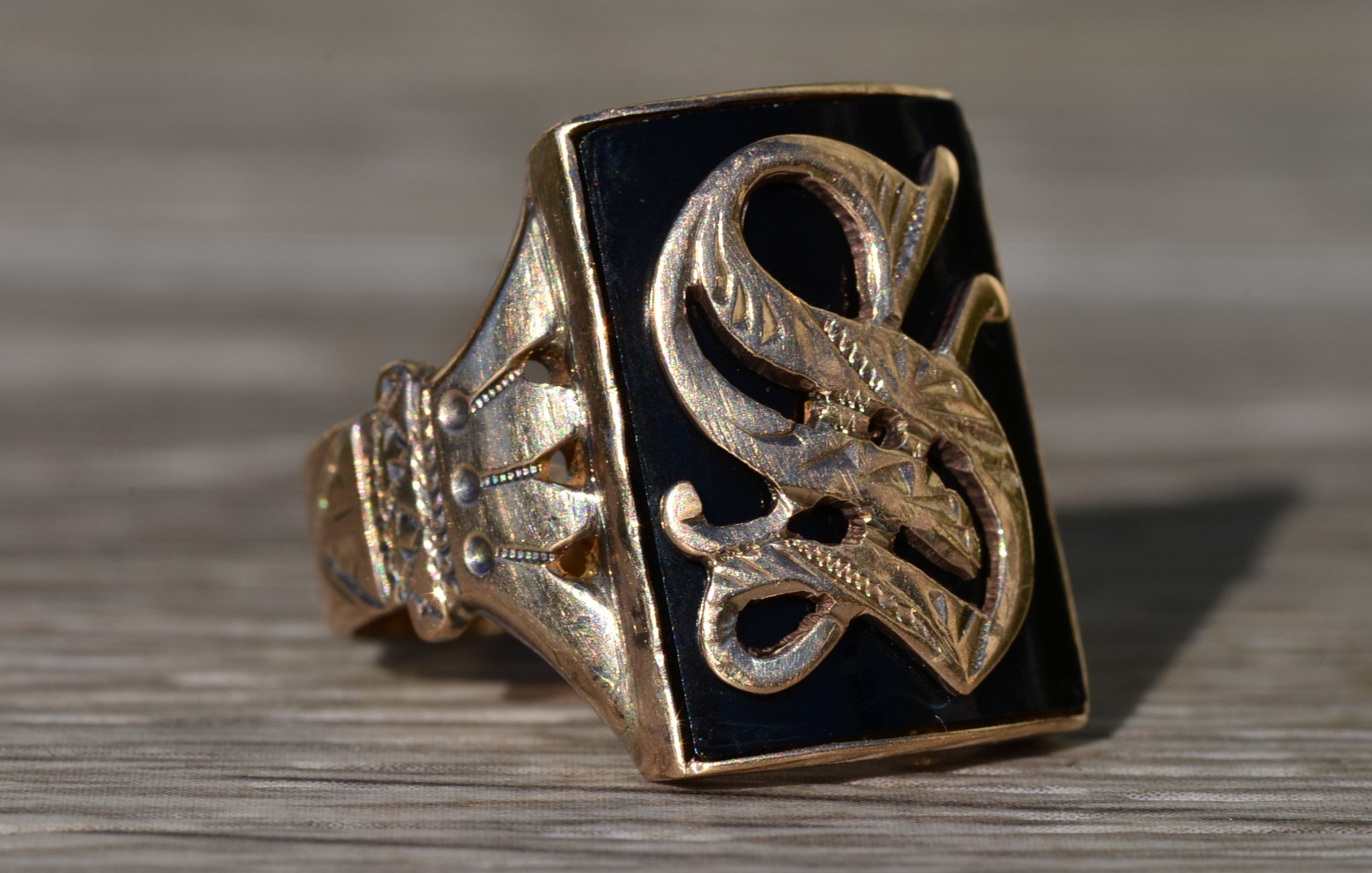 SOLD - The Onaway: Men's Engraved Yellow Gold Cocktail Ring set with Custom Cut Onyx - Image 6