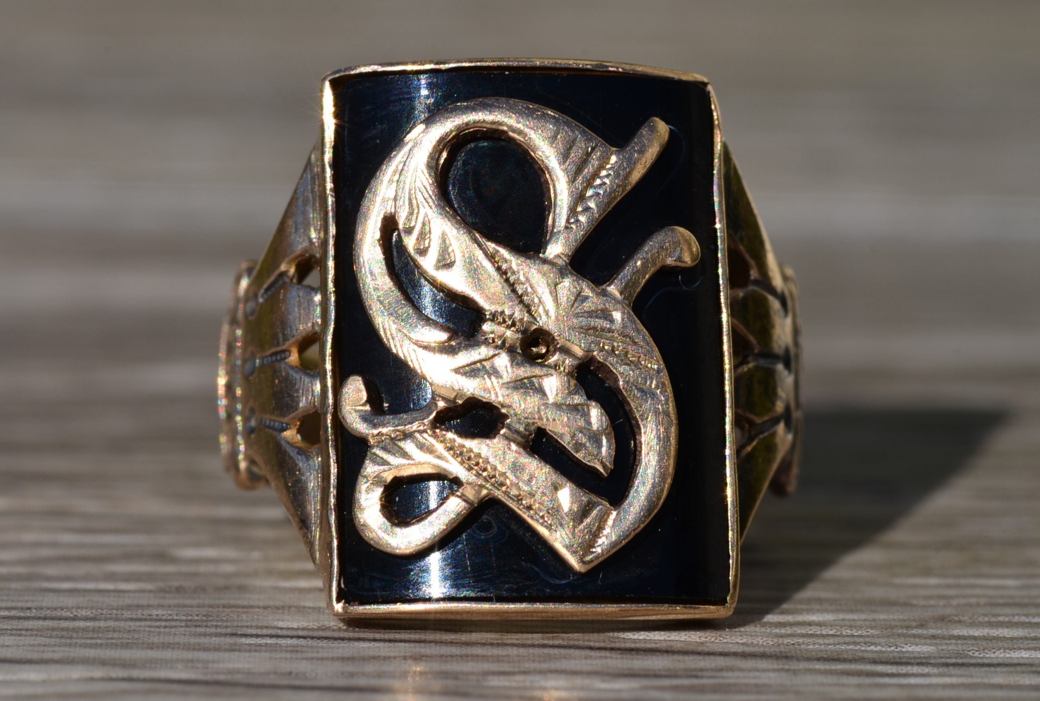 SOLD - The Onaway: Men's Engraved Yellow Gold Cocktail Ring set with Custom Cut Onyx - Image 7