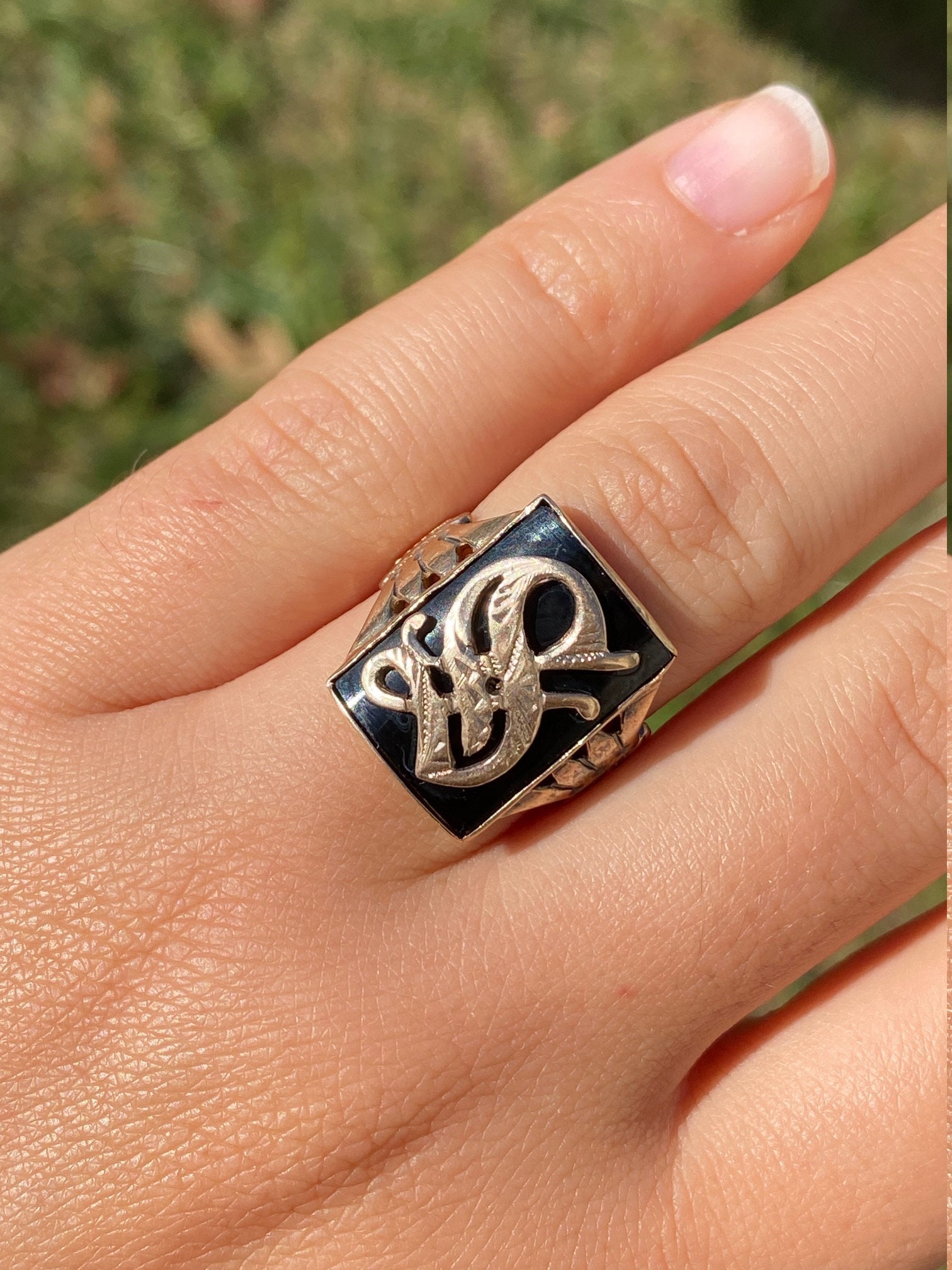 SOLD - The Onaway: Men's Engraved Yellow Gold Cocktail Ring set with Custom Cut Onyx - Image 8