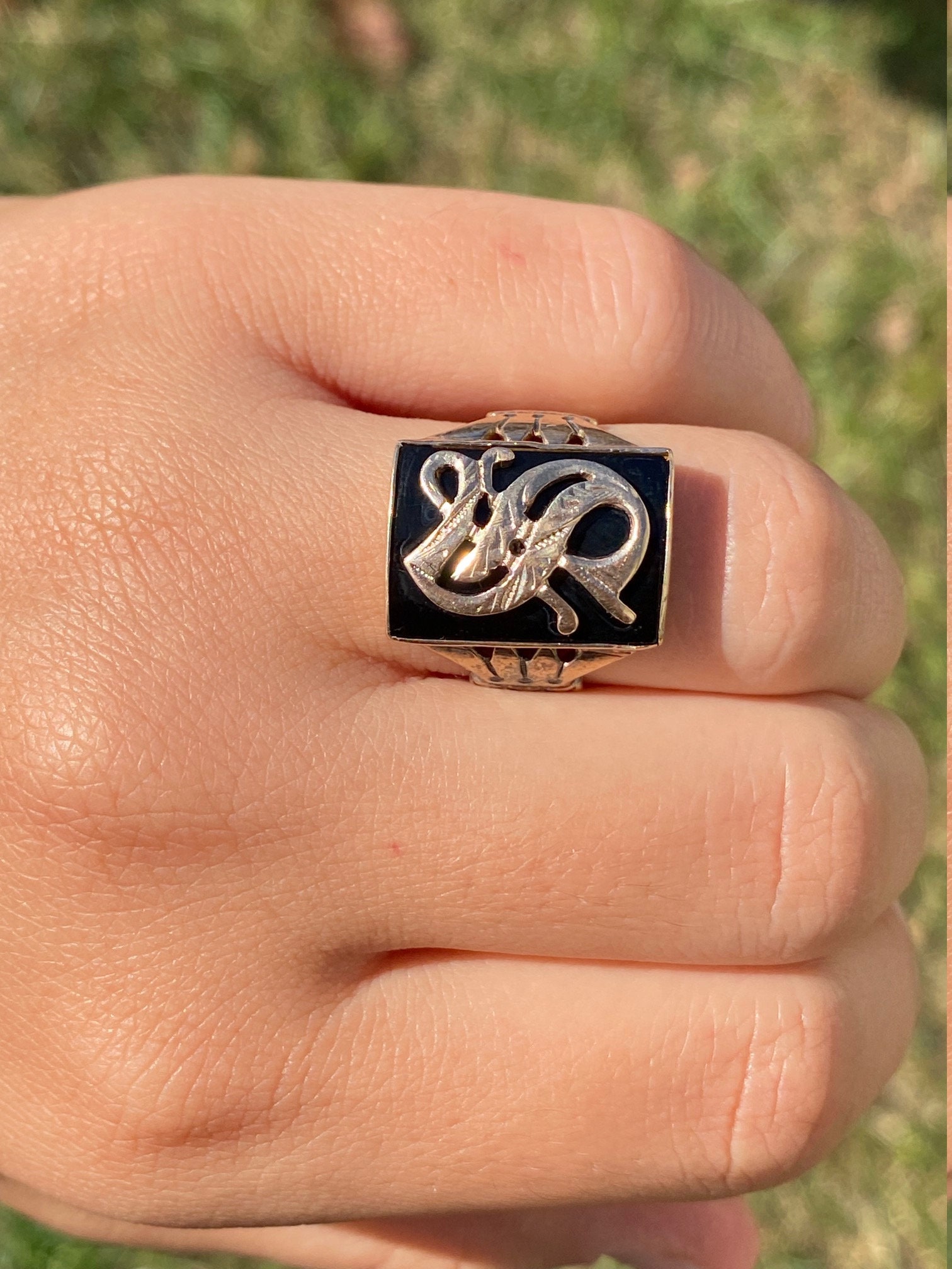 SOLD - The Onaway: Men's Engraved Yellow Gold Cocktail Ring set with Custom Cut Onyx - Image 10