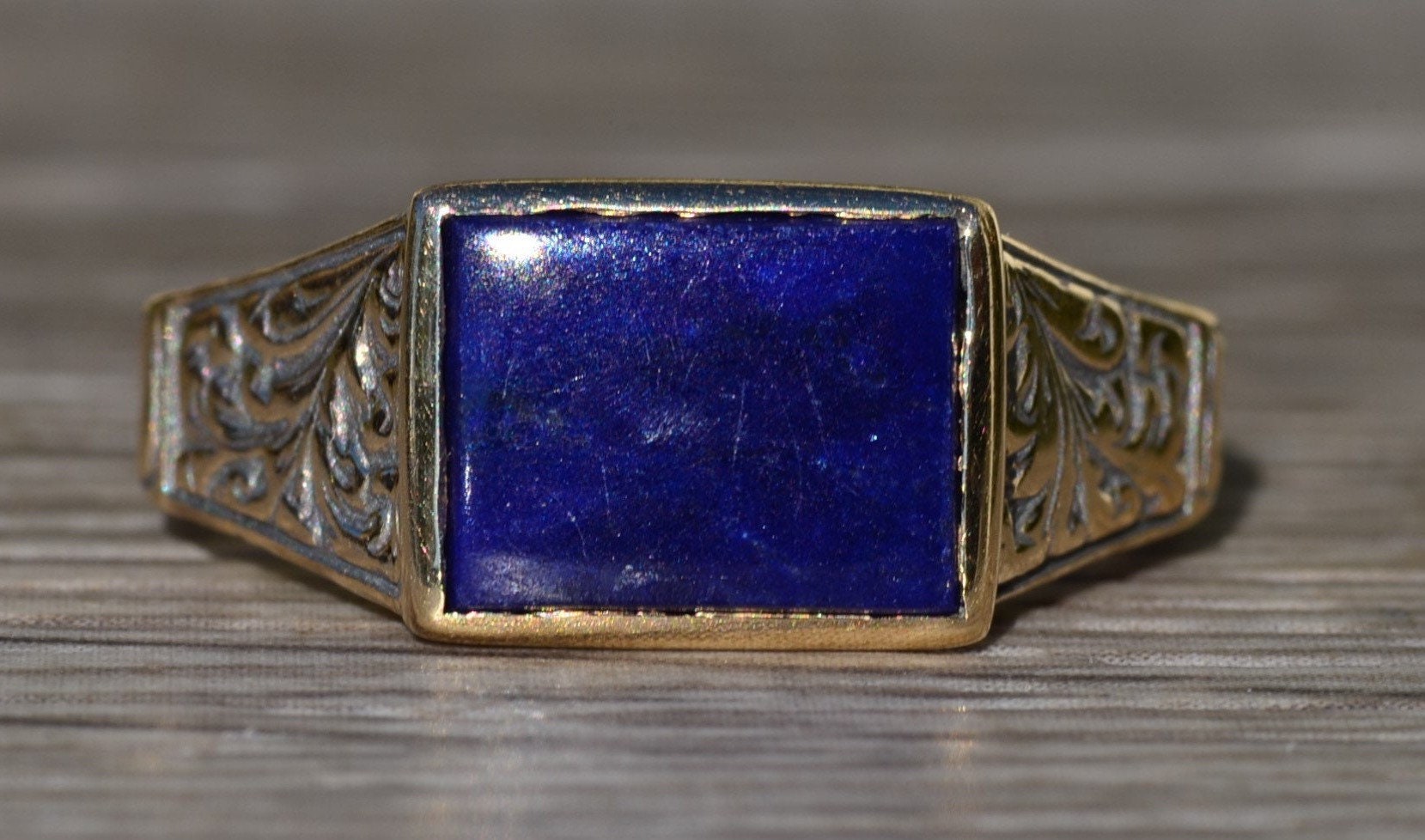 SOLD - The Marlette: Antique Signed14K Hand Engraved Cocktail Ring set with Lapis - Image 2