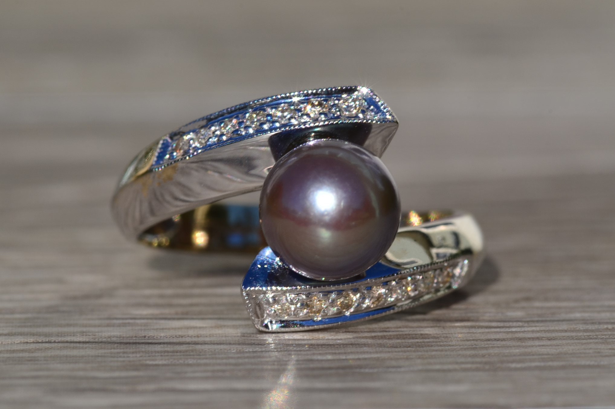 SOLD - The Kimpton: Ladies 14K Gold Bypass Style Ring set with Black Pearl and Diamonds - Image 7