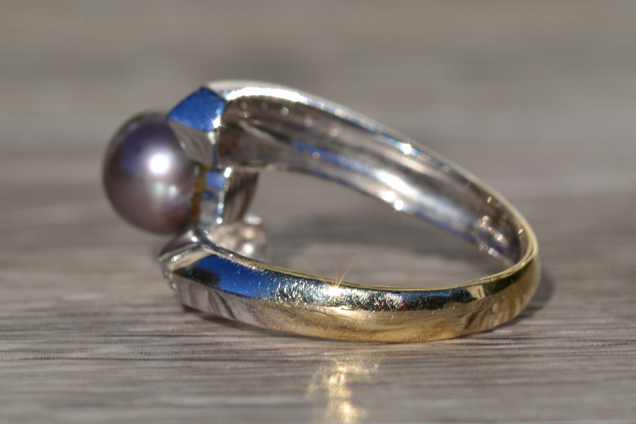 SOLD - The Kimpton: Ladies 14K Gold Bypass Style Ring set with Black Pearl and Diamonds - Image 4