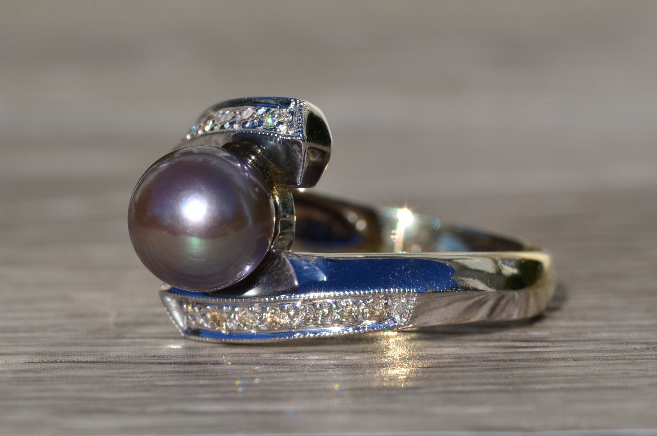 SOLD - The Kimpton: Ladies 14K Gold Bypass Style Ring set with Black Pearl and Diamonds - Image 3