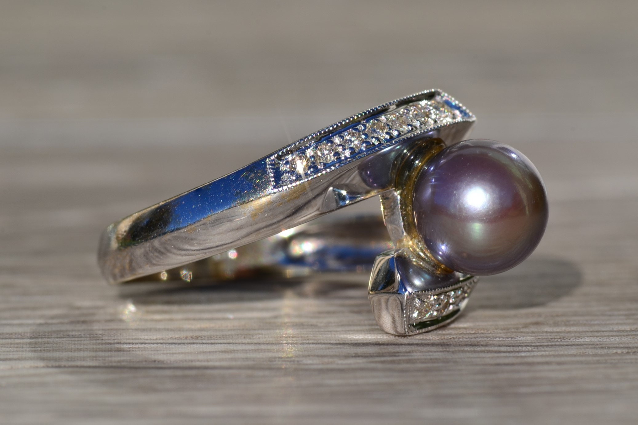 SOLD - The Kimpton: Ladies 14K Gold Bypass Style Ring set with Black Pearl and Diamonds - Image 6