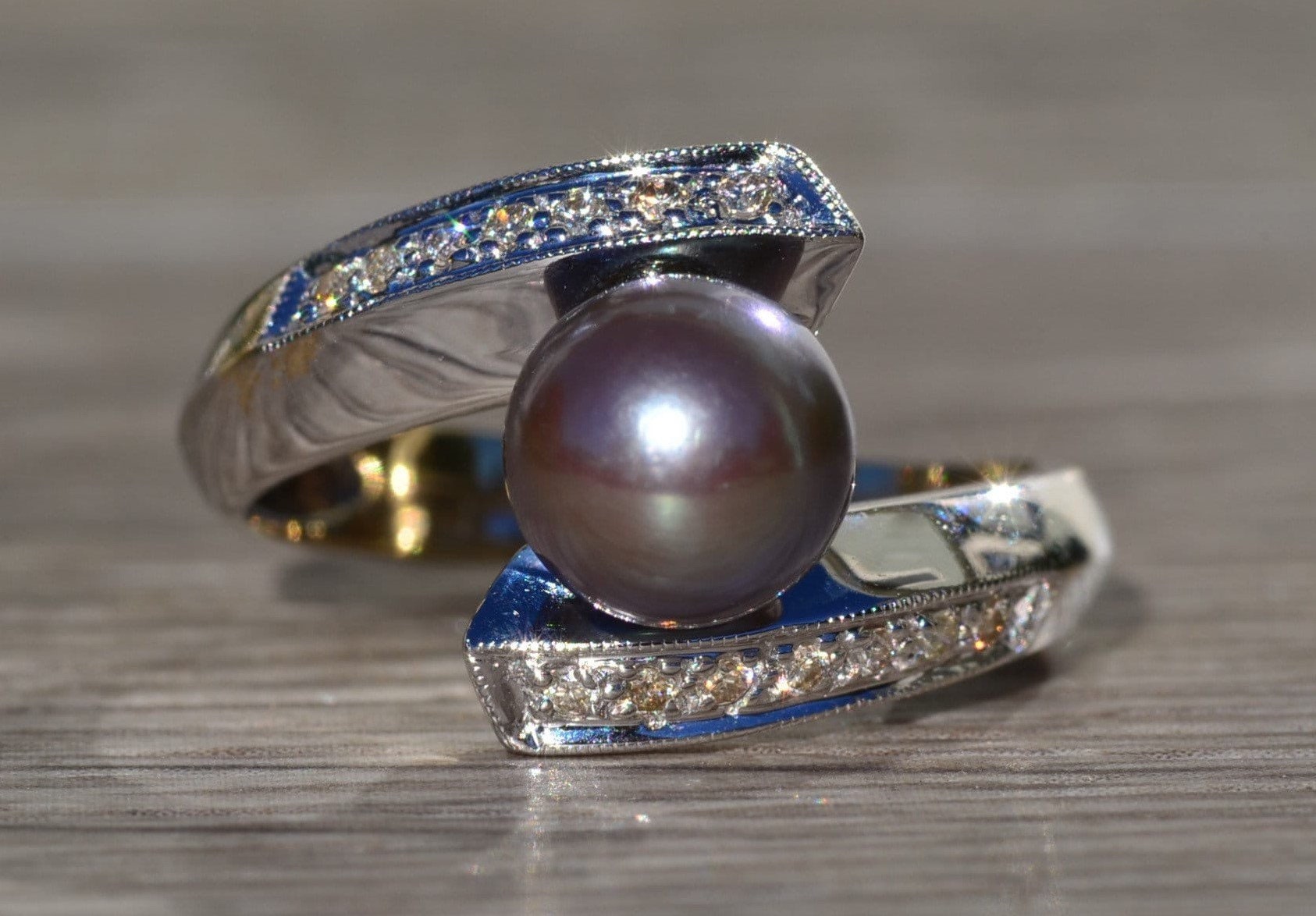 SOLD - The Kimpton: Ladies 14K Gold Bypass Style Ring set with Black Pearl and Diamonds - Image 2