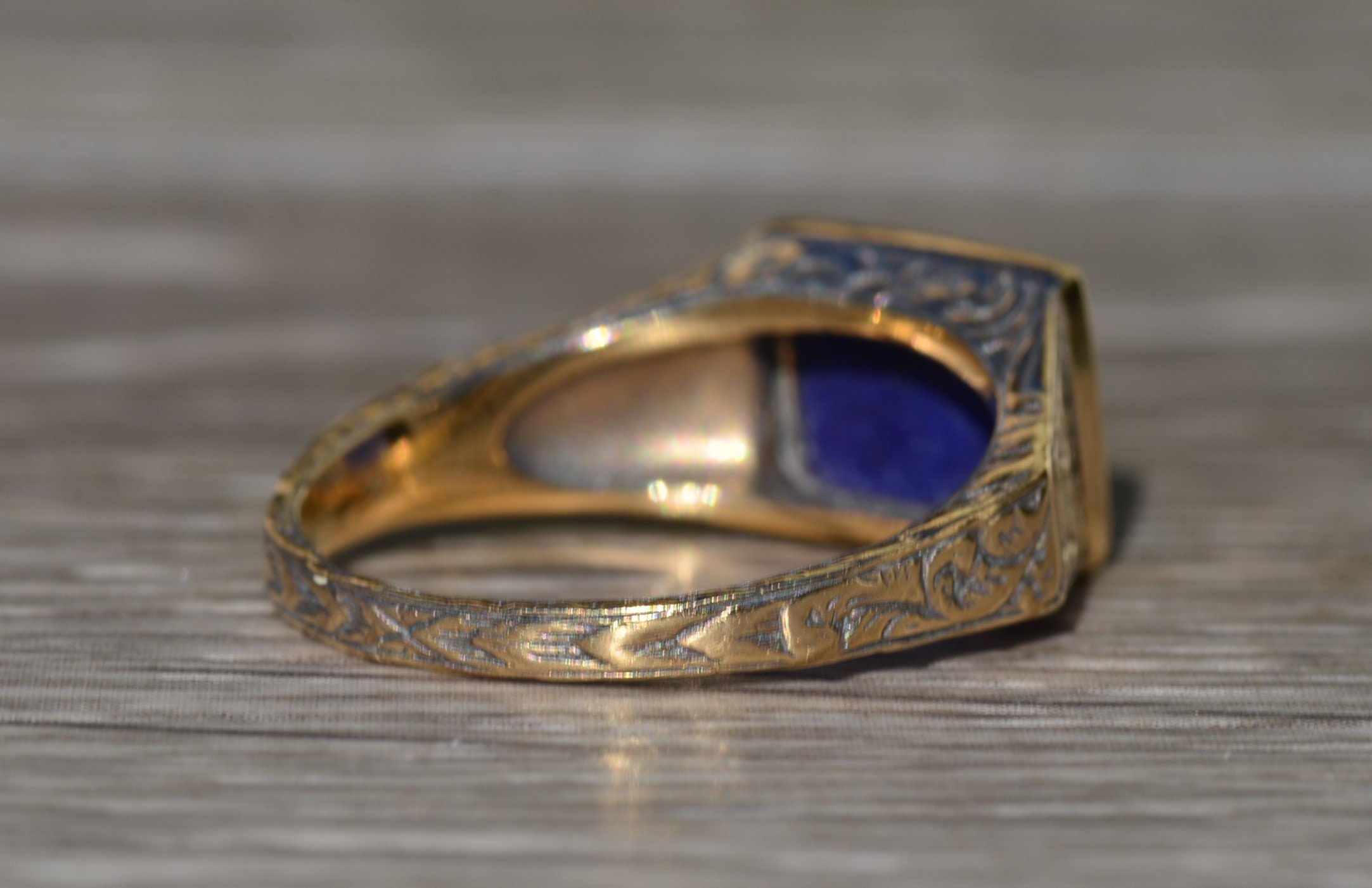 SOLD - The Marlette: Antique Signed14K Hand Engraved Cocktail Ring set with Lapis - Image 5