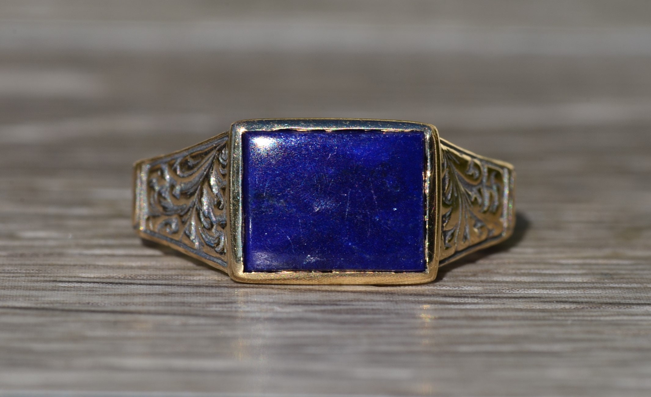 SOLD - The Marlette: Antique Signed14K Hand Engraved Cocktail Ring set with Lapis - Image 7