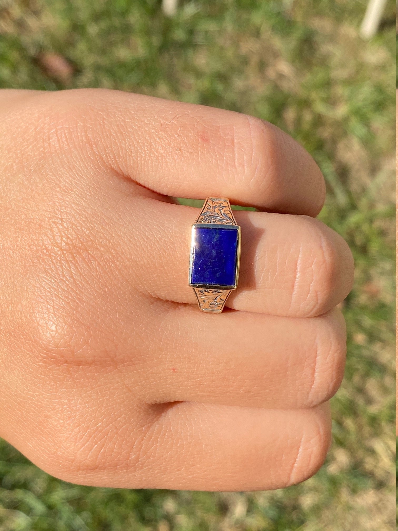 SOLD - The Marlette: Antique Signed14K Hand Engraved Cocktail Ring set with Lapis - Image 11