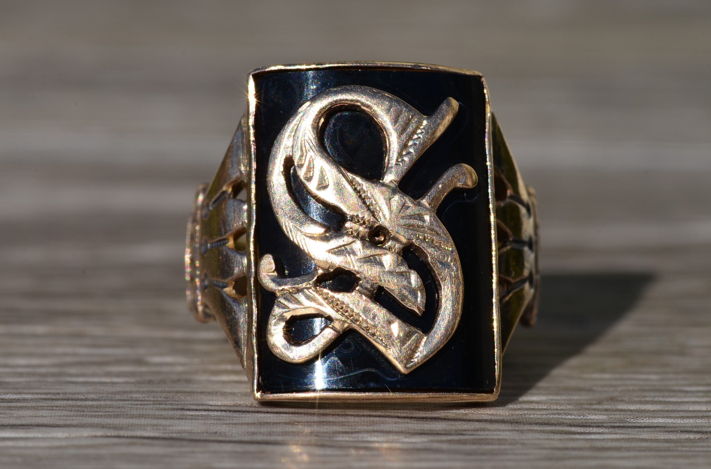 SOLD - The Onaway: Men's Engraved Yellow Gold Cocktail Ring set with Custom Cut Onyx - Image 2