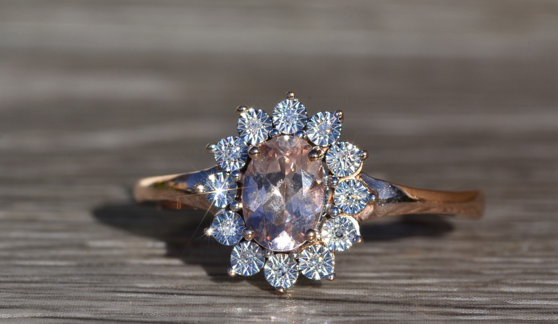 SOLD - The Thames: Ladies 14K Rose Gold Morganite and Diamond Halo Ring - Image 2