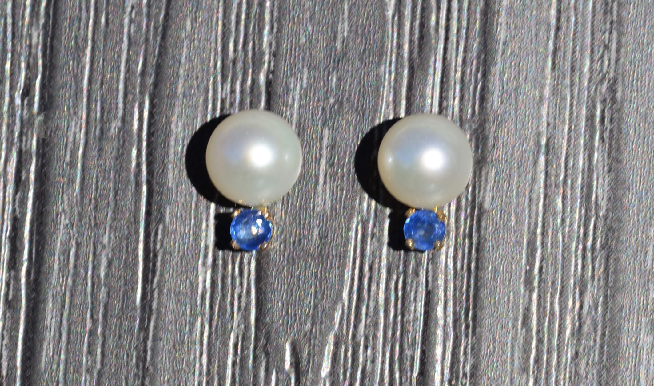 SOLD: The Penges: 14K Yellow Gold Pearl and Sapphire Stud Earrings - Image 2