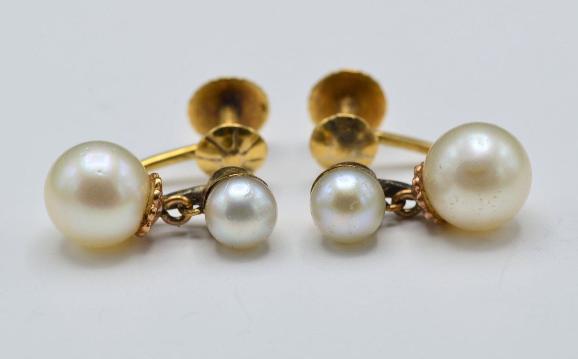 The Eggers: Ladies 14K Yellow Gold Pearl Dangler Screw Back Stud Earrings - Image 2