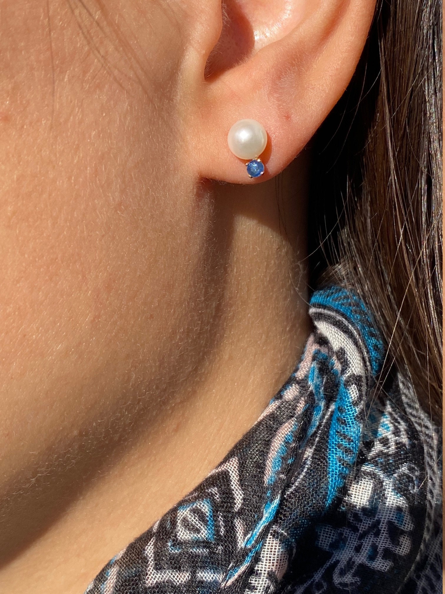 SOLD: The Penges: 14K Yellow Gold Pearl and Sapphire Stud Earrings - Image 4