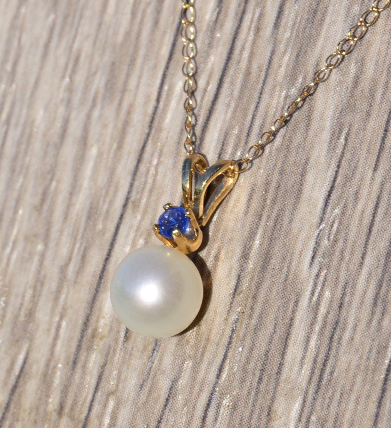 SOLD - Ladies 14K Yellow Gold Pearl Drop Necklace set with Sapphire Accent - Image 3