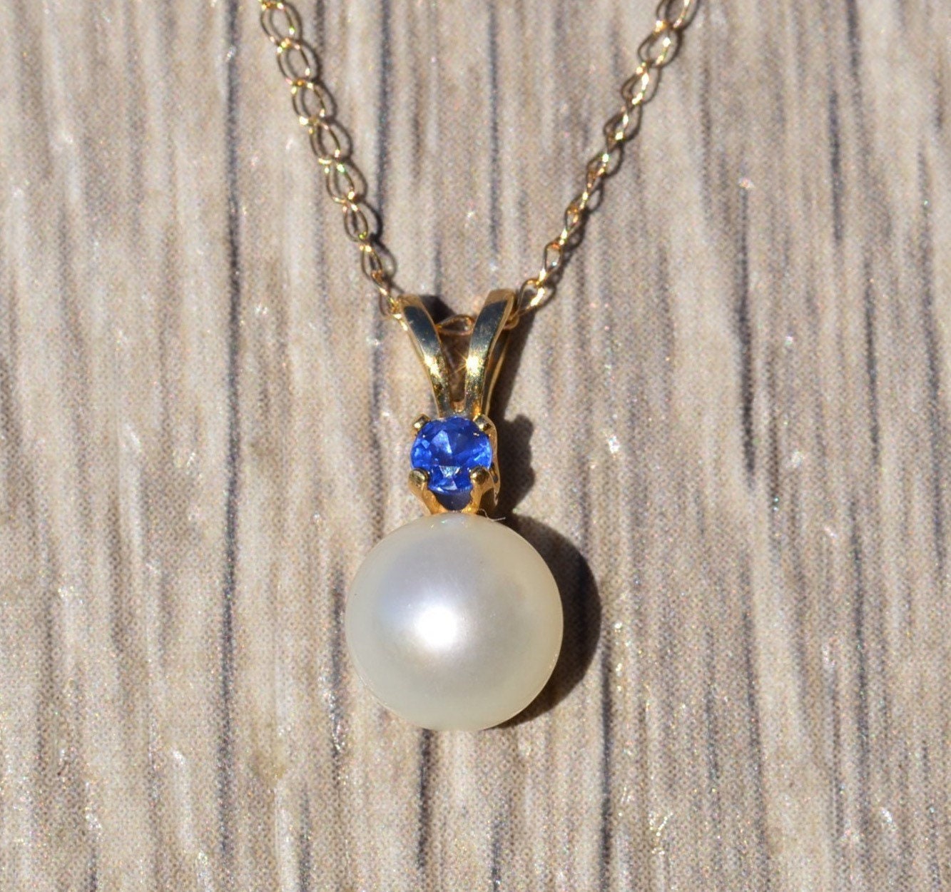SOLD - Ladies 14K Yellow Gold Pearl Drop Necklace set with Sapphire Accent - Image 2