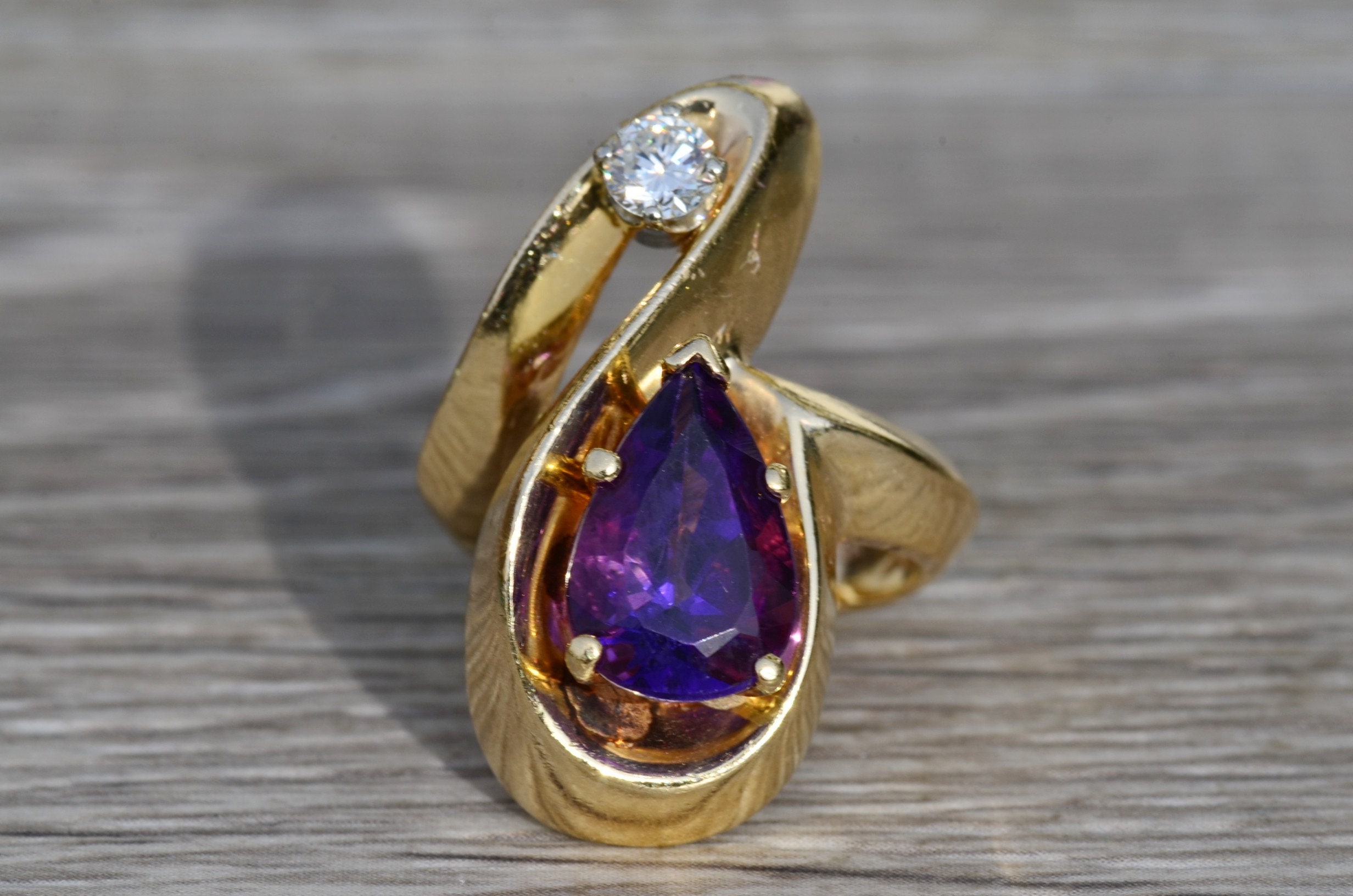 SOLD - The Mt Juliet: Ladies 14K Mid Century Modern Amethyst and Diamond Cocktail Ring - Image 2