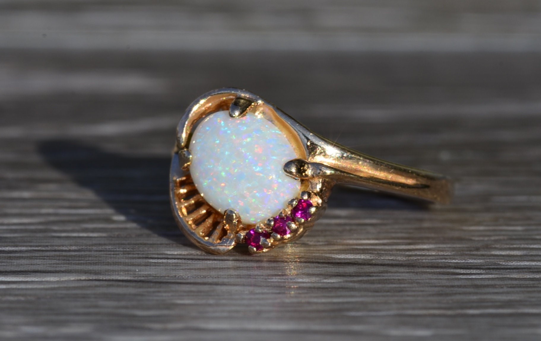 SOLD - The Collierville: Ladies Yellow Gold Australian Opal and Ruby Cocktail Ring - Image 3