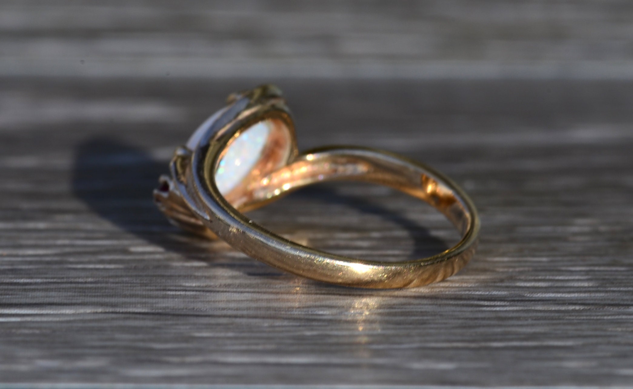 SOLD - The Collierville: Ladies Yellow Gold Australian Opal and Ruby Cocktail Ring - Image 4