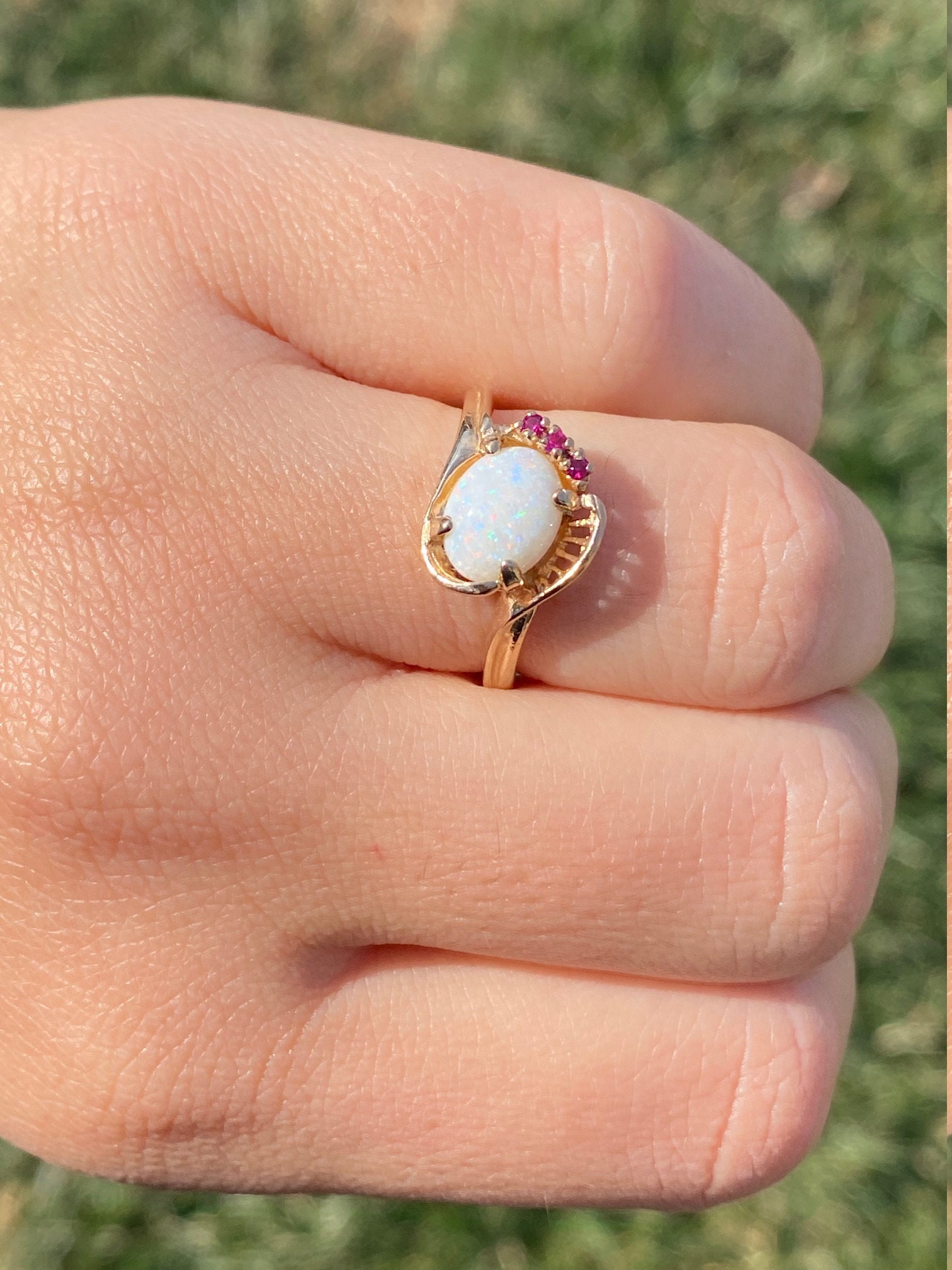 SOLD - The Collierville: Ladies Yellow Gold Australian Opal and Ruby Cocktail Ring - Image 10