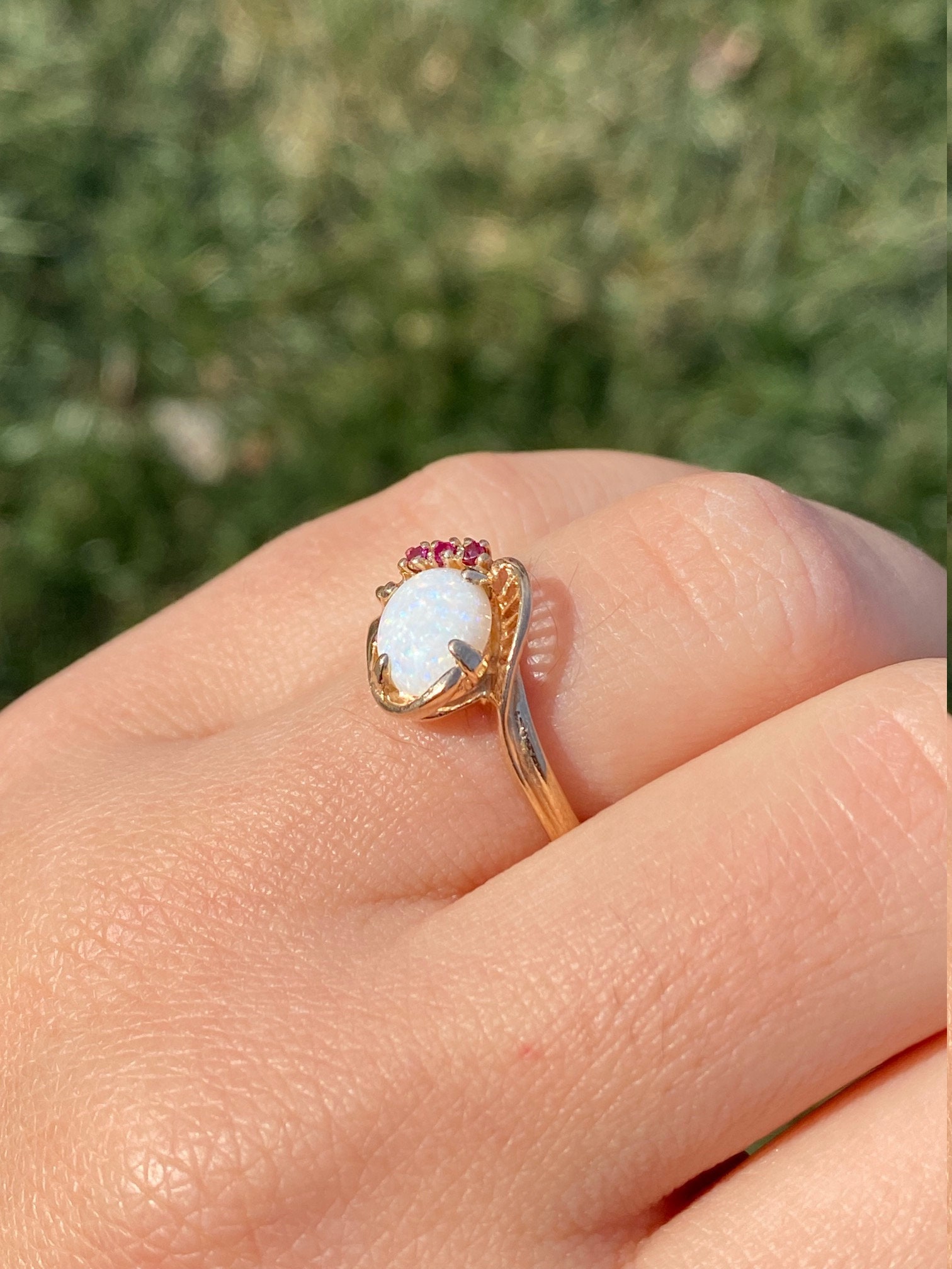 SOLD - The Collierville: Ladies Yellow Gold Australian Opal and Ruby Cocktail Ring - Image 9