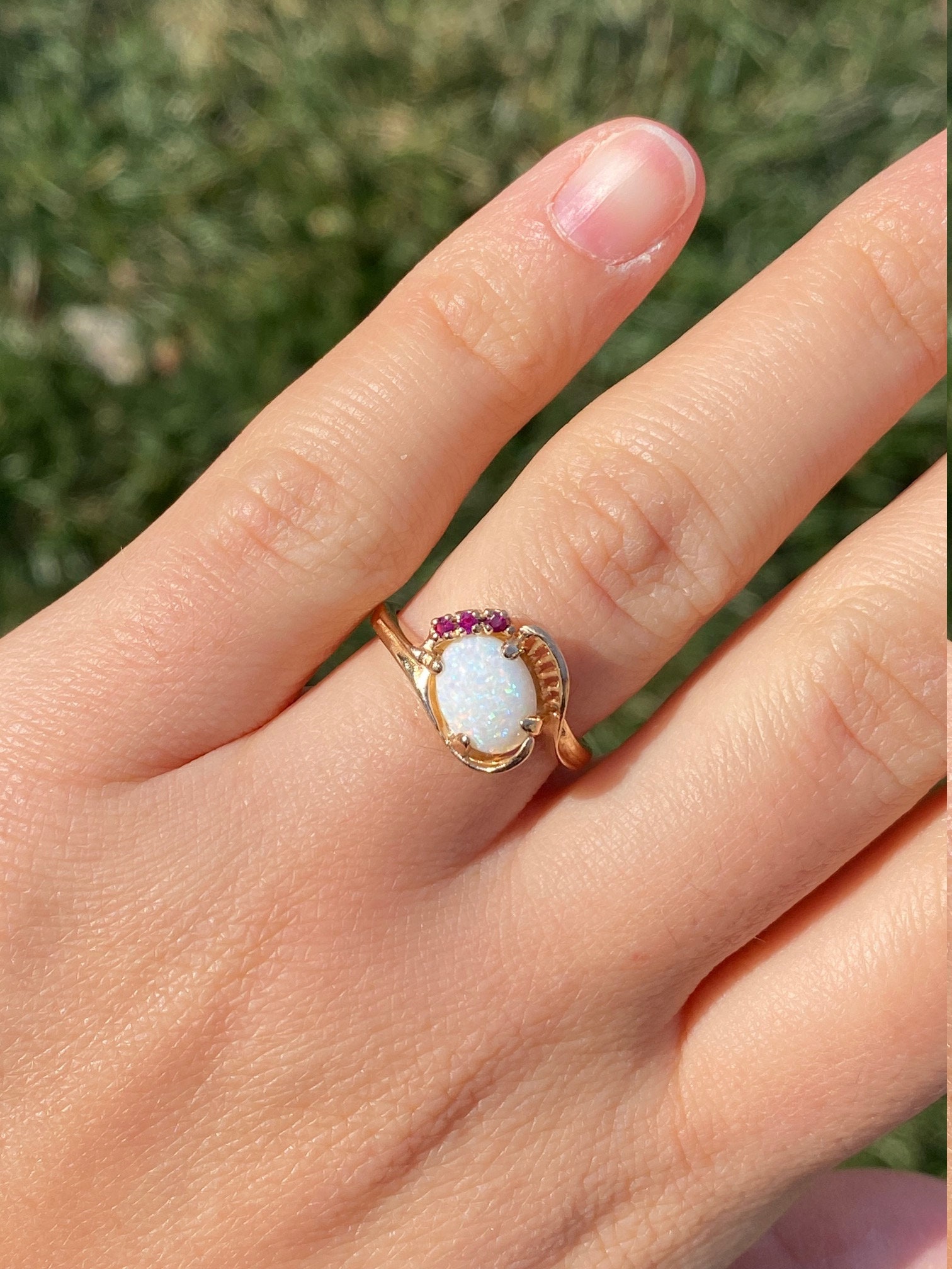 SOLD - The Collierville: Ladies Yellow Gold Australian Opal and Ruby Cocktail Ring - Image 8