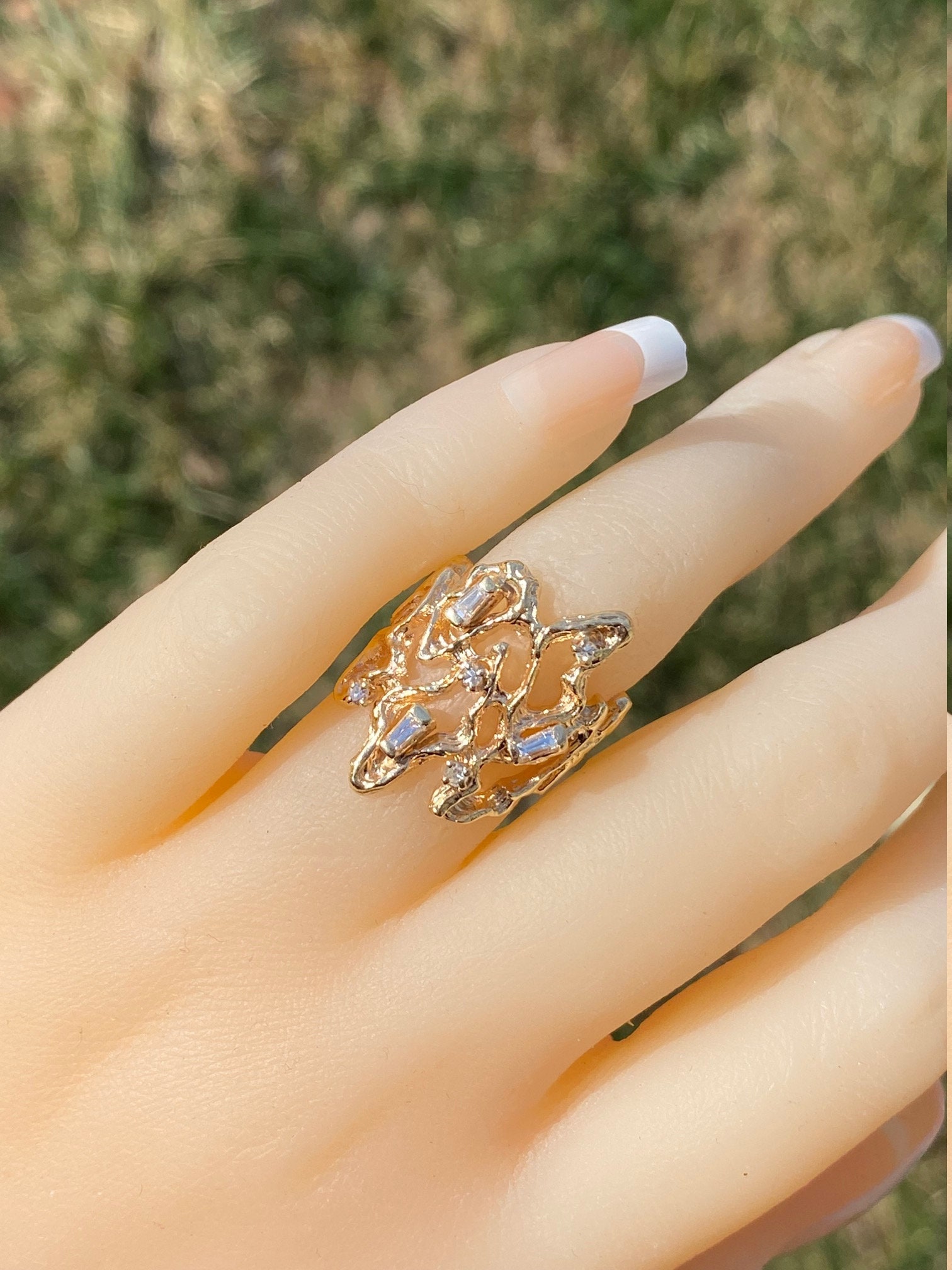 SOLD - The Fentress: Ladies Brutalist Style Cocktail Ring in 14K Yellow Gold with Diamonds - Image 6