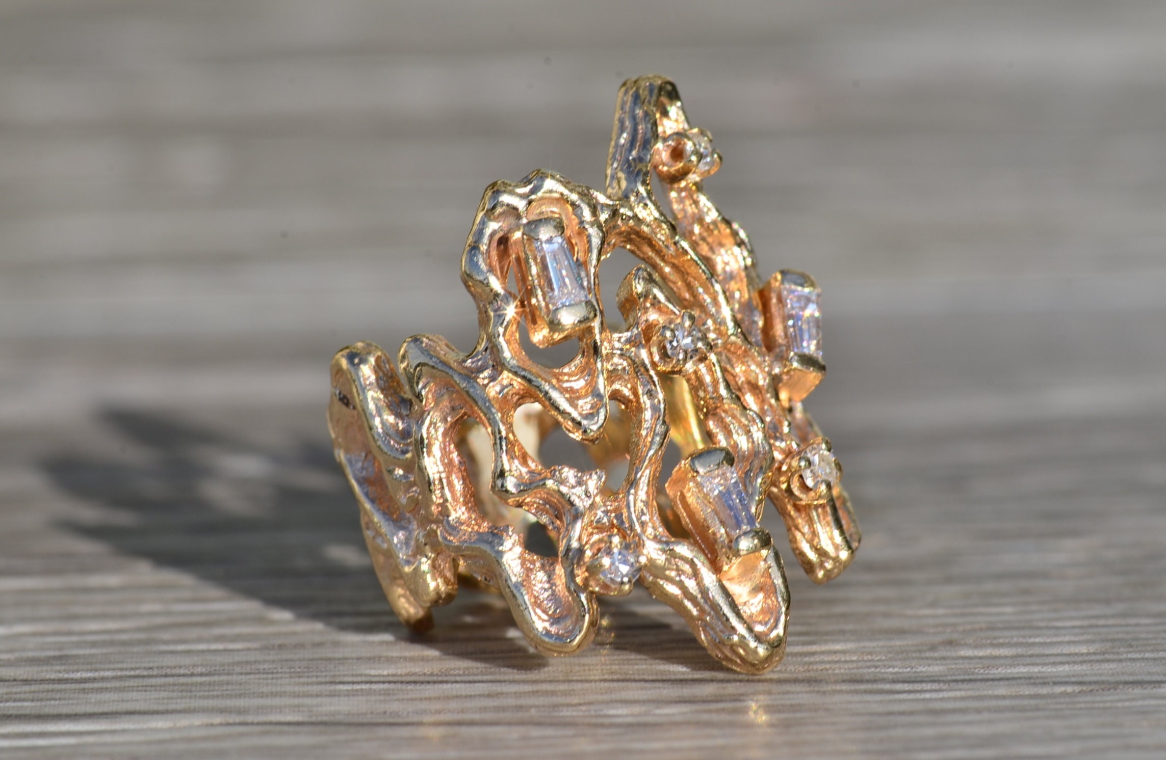 SOLD - The Fentress: Ladies Brutalist Style Cocktail Ring in 14K Yellow Gold with Diamonds - Image 5
