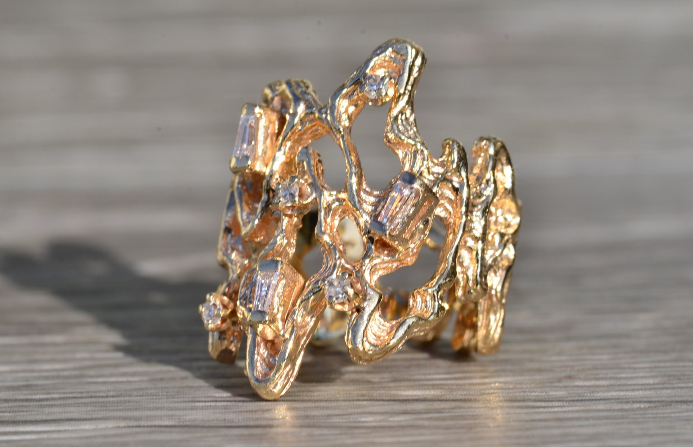 SOLD - The Fentress: Ladies Brutalist Style Cocktail Ring in 14K Yellow Gold with Diamonds - Image 2