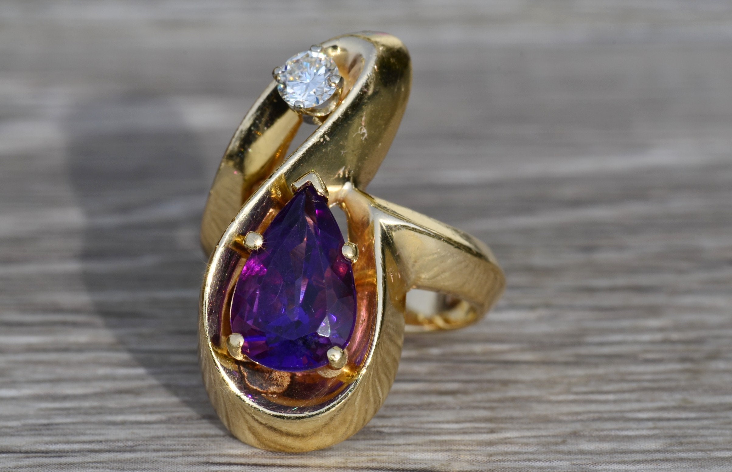 SOLD - The Mt Juliet: Ladies 14K Mid Century Modern Amethyst and Diamond Cocktail Ring - Image 3