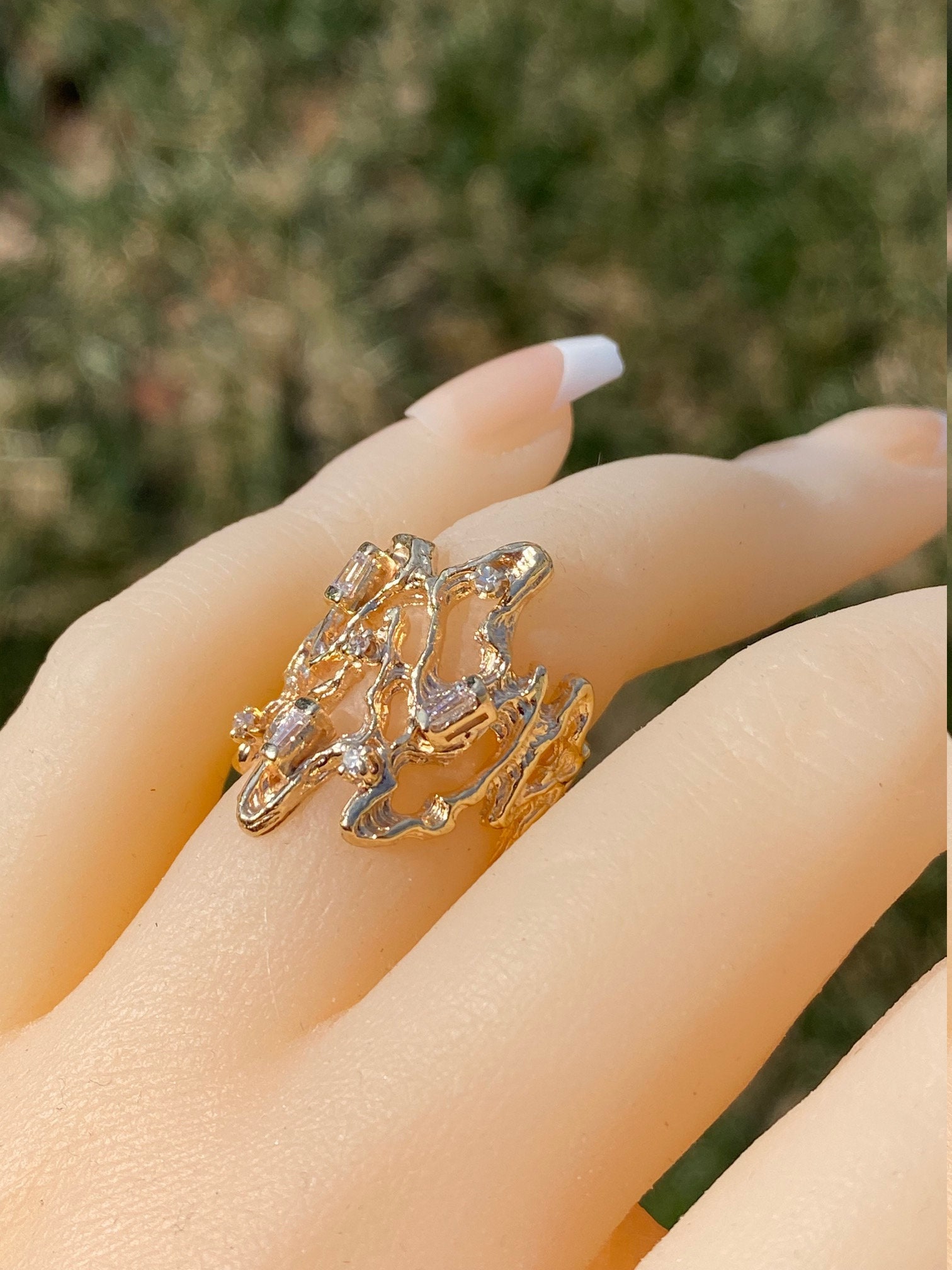 SOLD - The Fentress: Ladies Brutalist Style Cocktail Ring in 14K Yellow Gold with Diamonds - Image 7