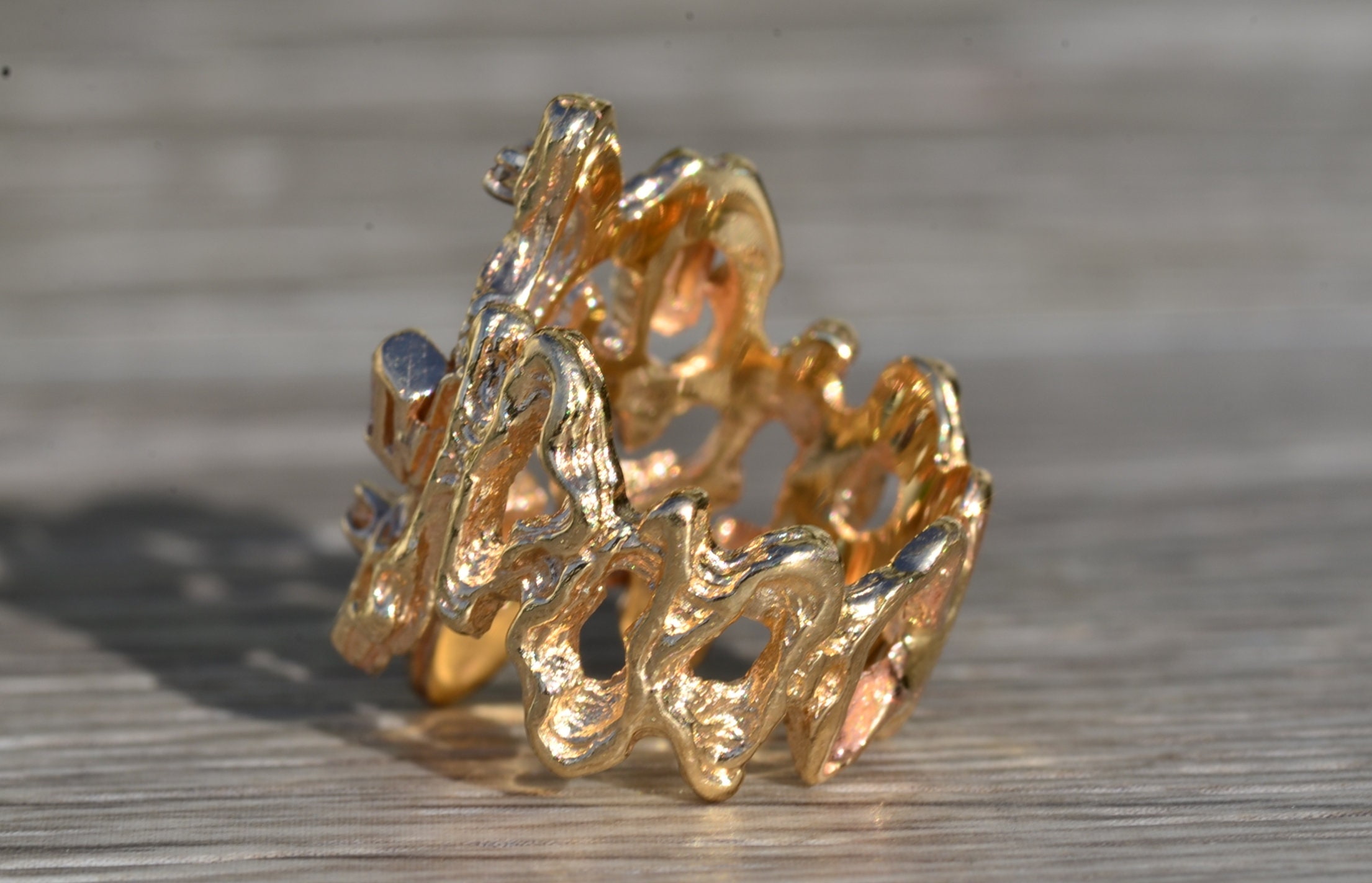 SOLD - The Fentress: Ladies Brutalist Style Cocktail Ring in 14K Yellow Gold with Diamonds - Image 3