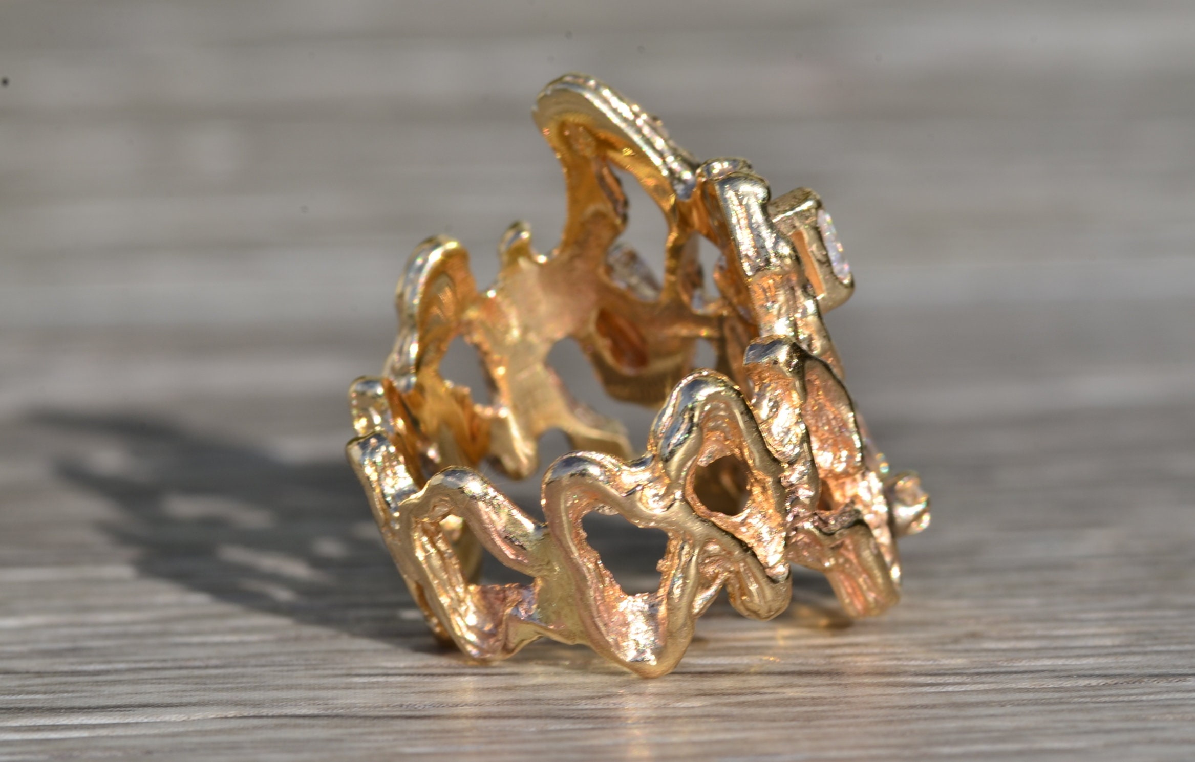SOLD - The Fentress: Ladies Brutalist Style Cocktail Ring in 14K Yellow Gold with Diamonds - Image 4