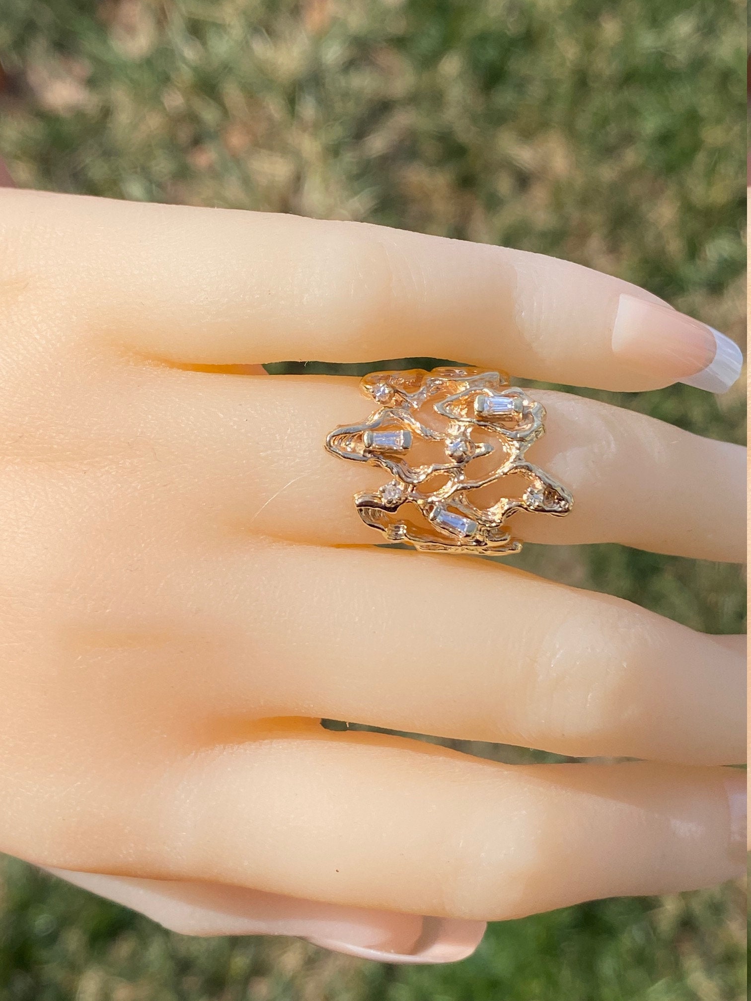 SOLD - The Fentress: Ladies Brutalist Style Cocktail Ring in 14K Yellow Gold with Diamonds - Image 8