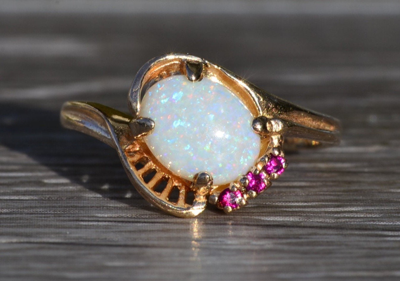SOLD - The Collierville: Ladies Yellow Gold Australian Opal and Ruby Cocktail Ring - Image 2