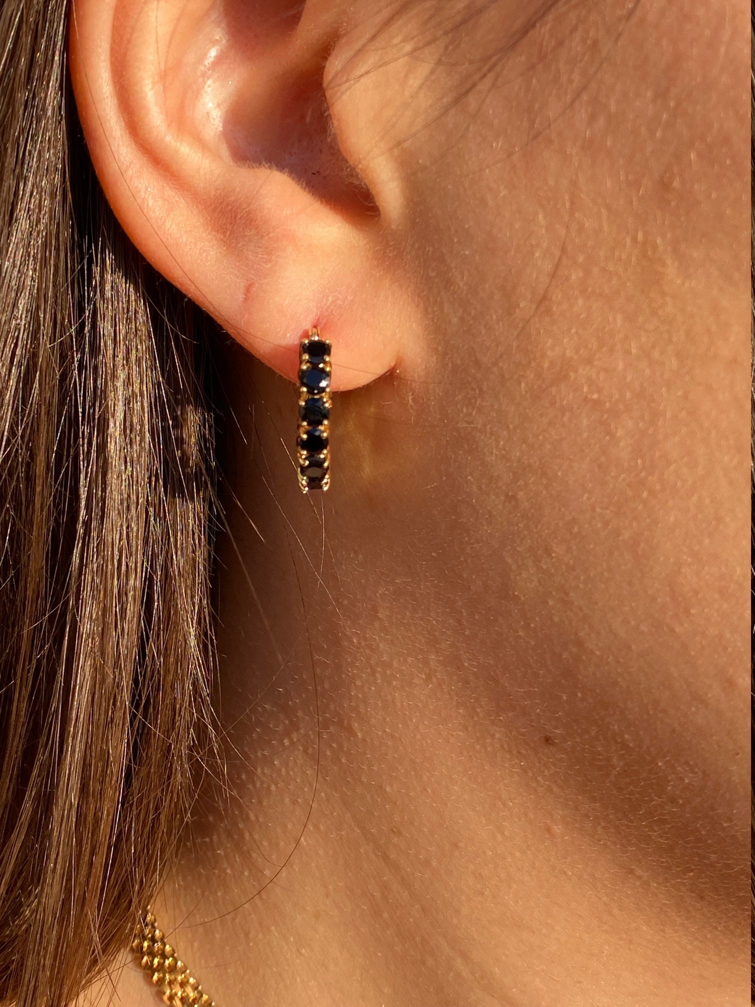 SOLD - The Des Allemands: Ladies Mexican Made 14K Yellow Gold Black Onyx Hoop Earrings - Image 5