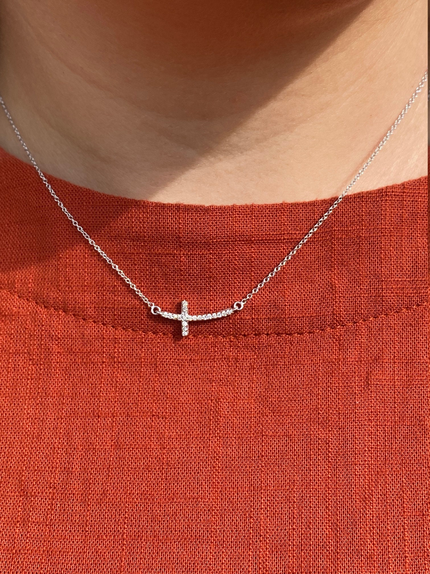 SOLD - The Longreach: White Gold Sideways Diamond Cross Necklace with Diamonds - Image 4