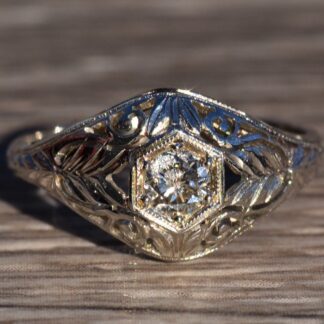 The Trumbull:  Antique Filigree Engagement Ring in 18 Karat White Gold