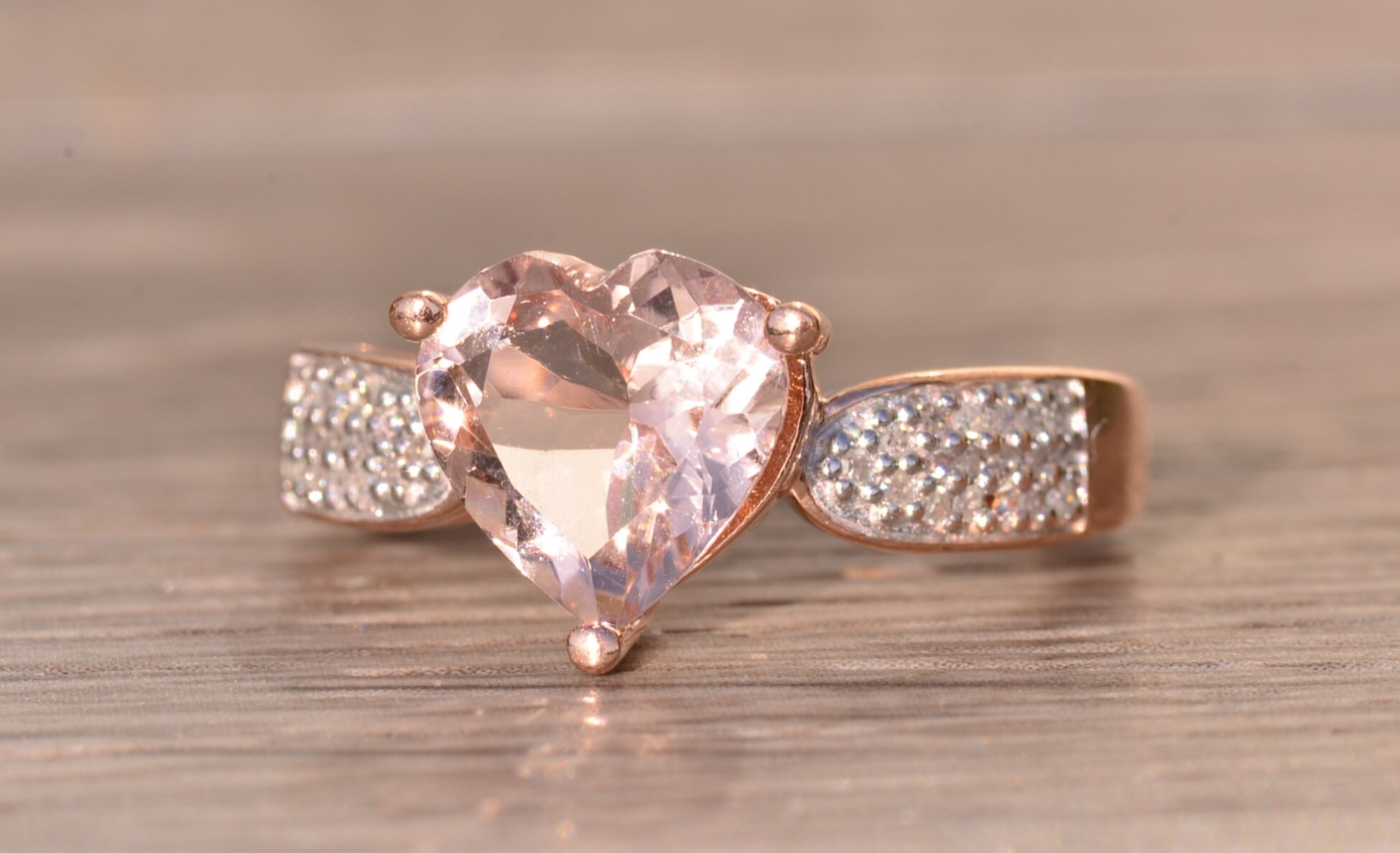 SOLD - The Lititz: Rose Gold Ring set with Heart Shaped Morganite and Diamonds - Image 3