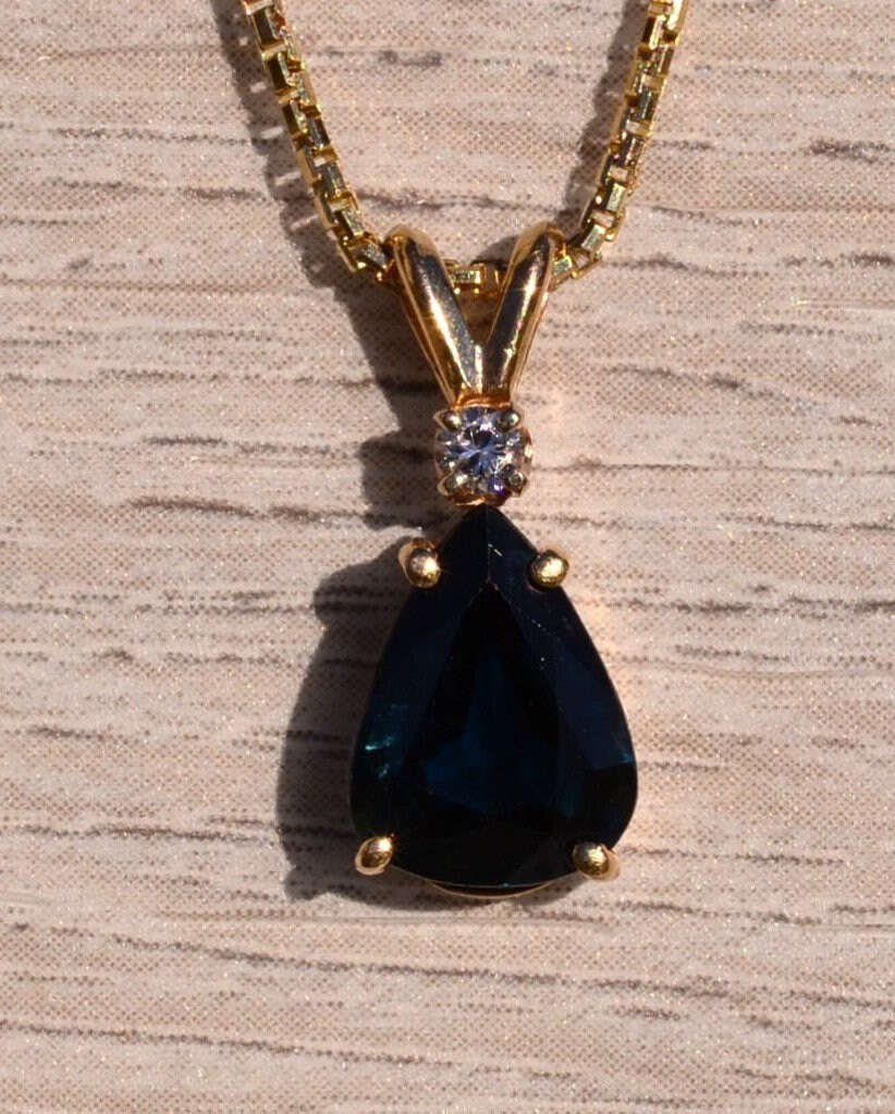 The Oberlin: Pear Shaped Peacock Sapphire with Diamond Necklace - Image 2