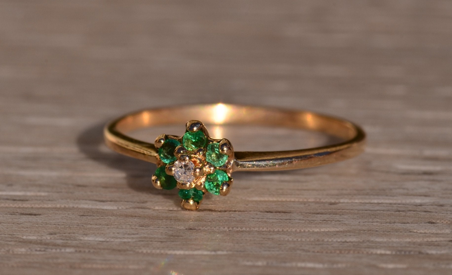 SOLD - The Manchaca: Yellow Gold Ring with Diamond and Emerald Halo - Image 3