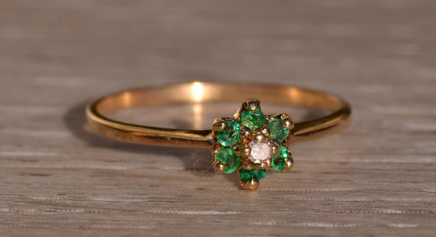 SOLD - The Manchaca: Yellow Gold Ring with Diamond and Emerald Halo - Image 6