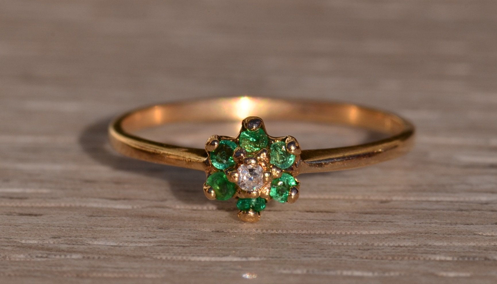 SOLD - The Manchaca: Yellow Gold Ring with Diamond and Emerald Halo - Image 7