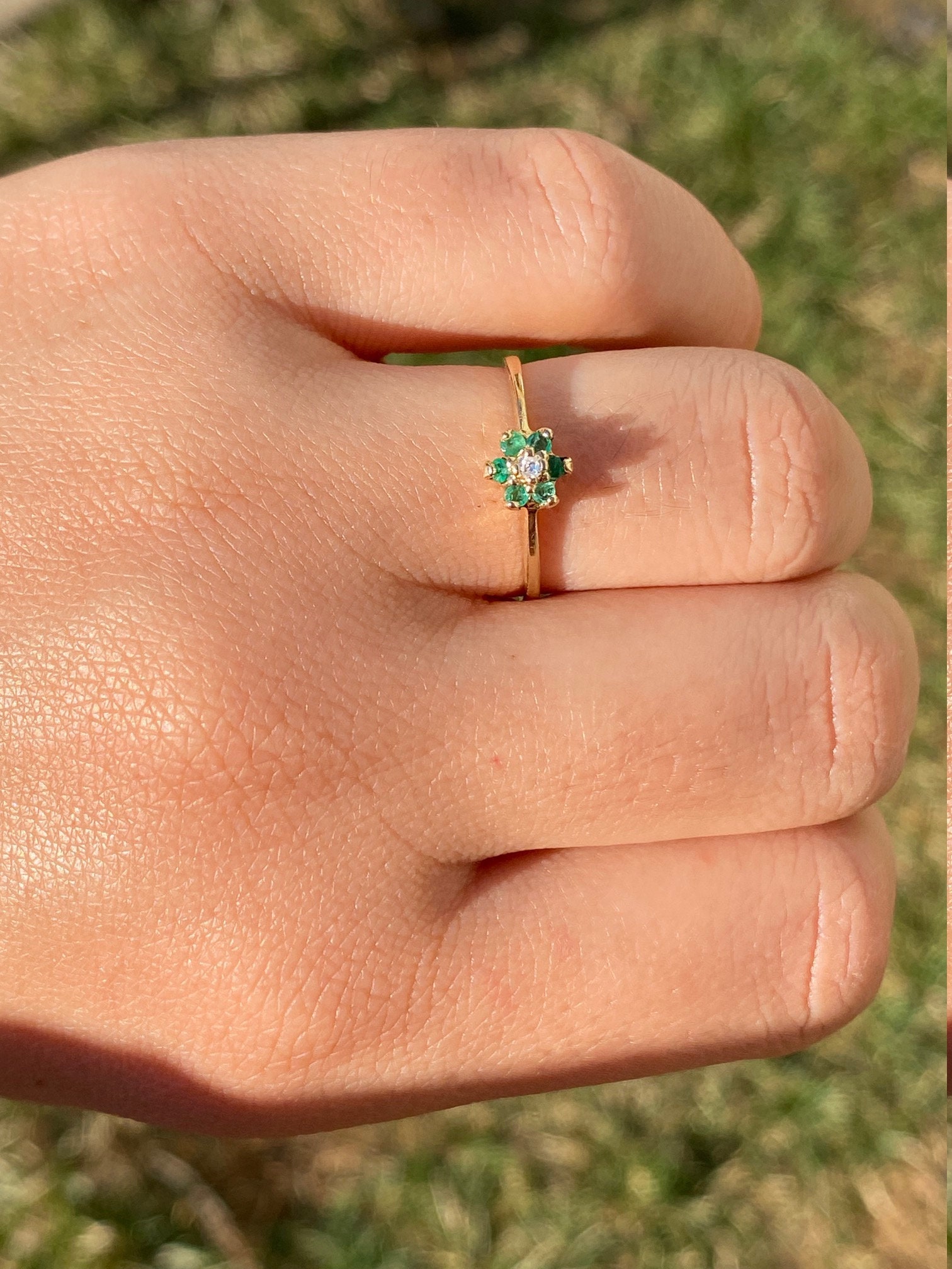 SOLD - The Manchaca: Yellow Gold Ring with Diamond and Emerald Halo - Image 10
