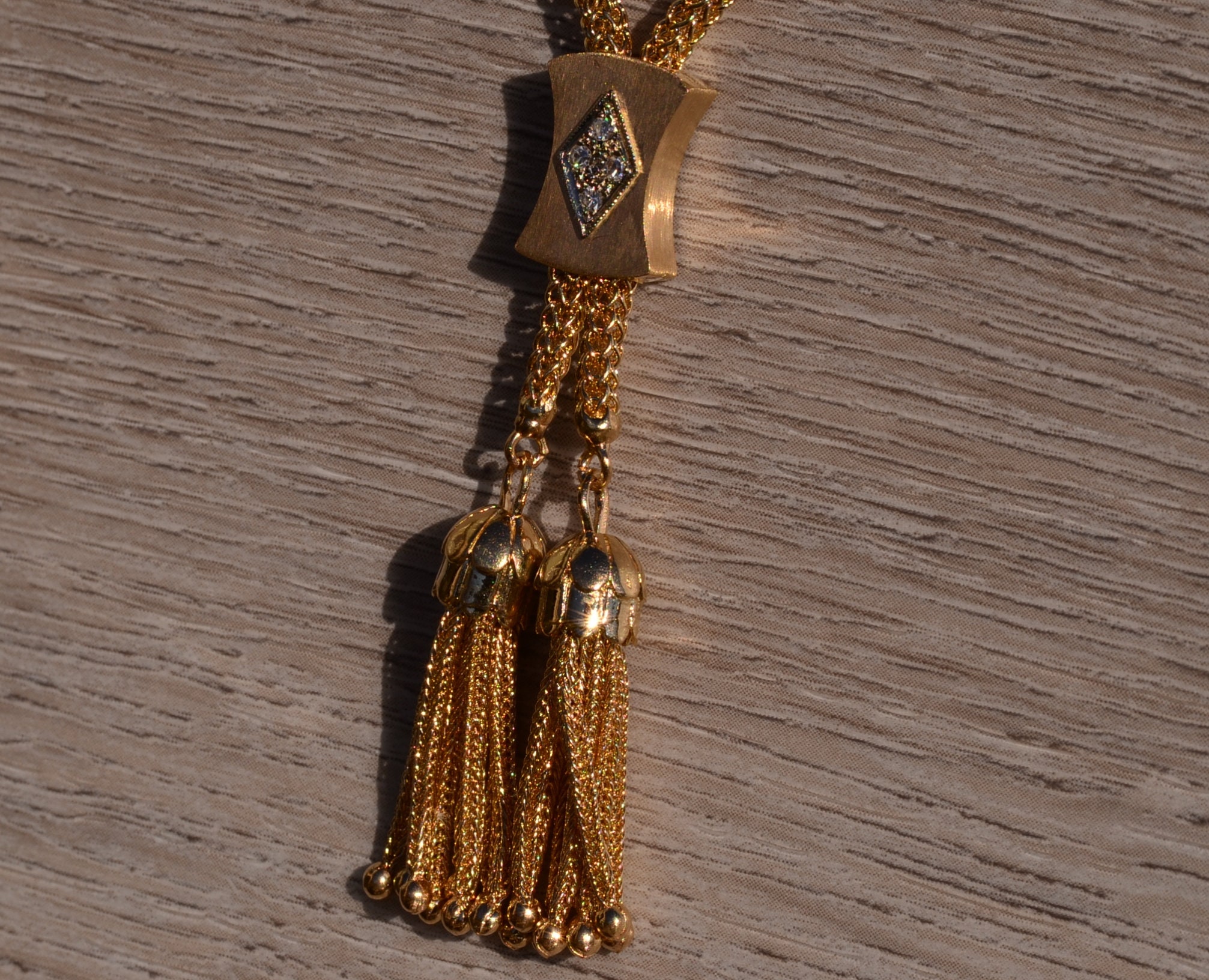 SOLD - The Cedar Park: Yellow Gold Slide Necklace with Tassels - Image 3