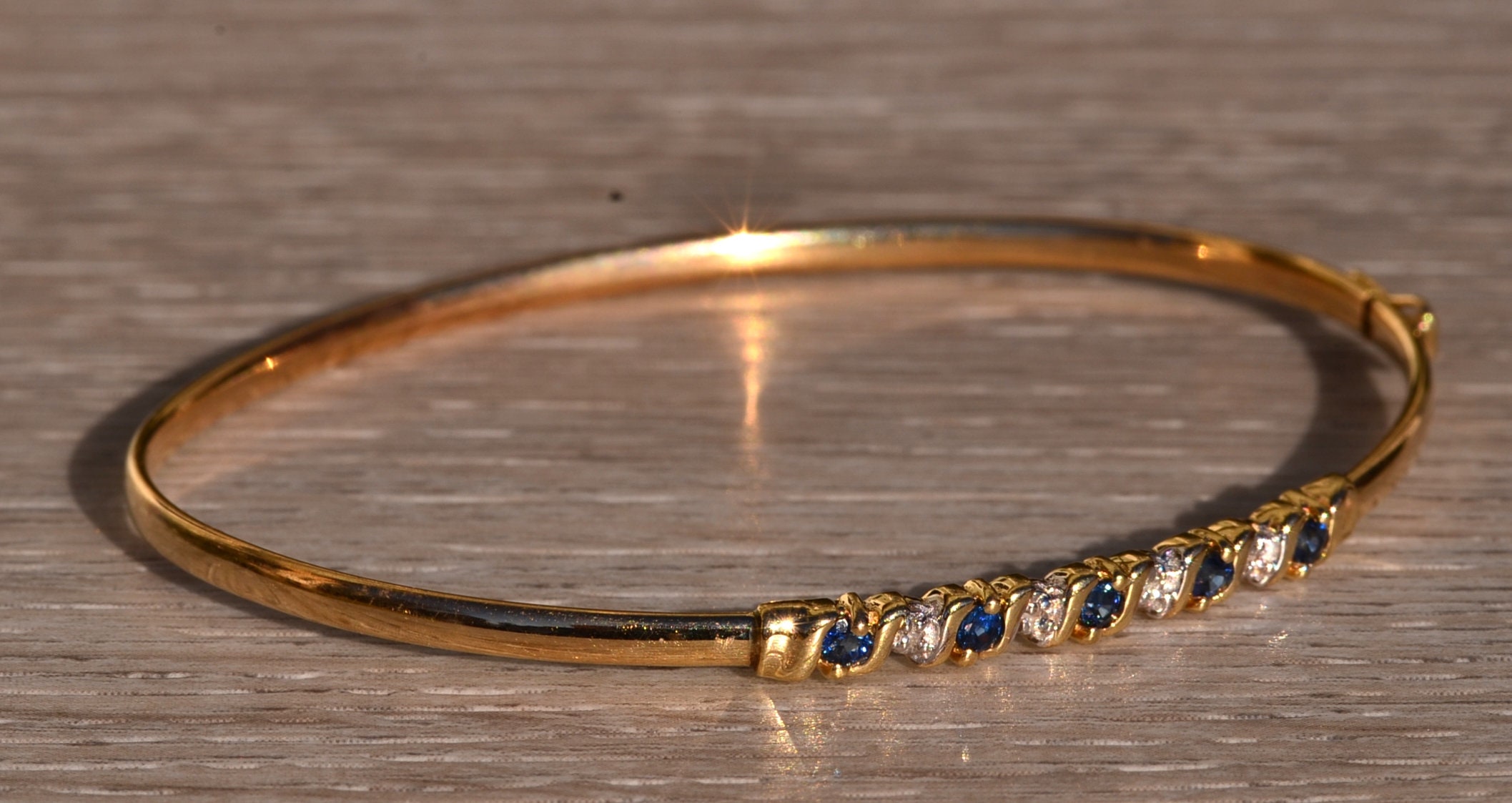 SOLD - The Hornsby Bend: Yellow Gold Sapphire and Diamond Thin Bangle Bracelet - Image 6