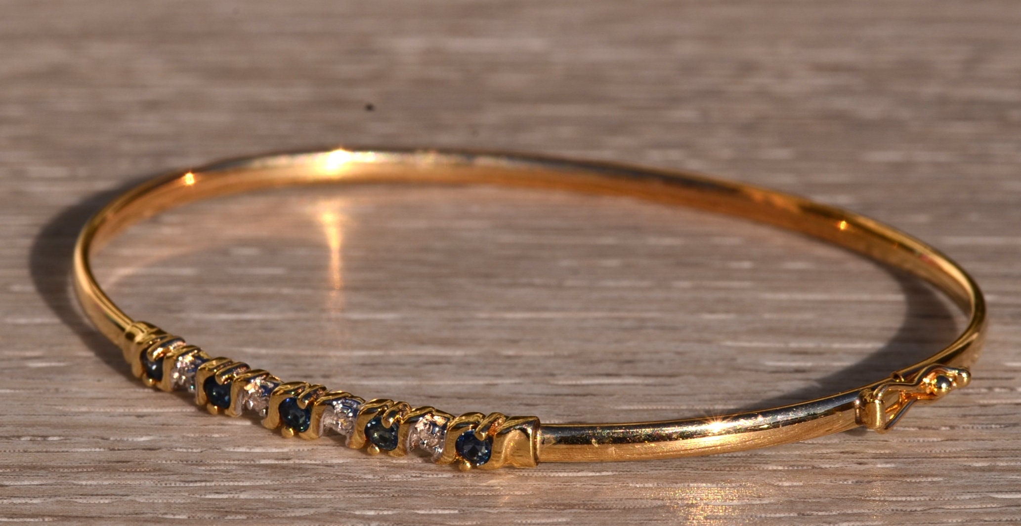 SOLD - The Hornsby Bend: Yellow Gold Sapphire and Diamond Thin Bangle Bracelet - Image 3